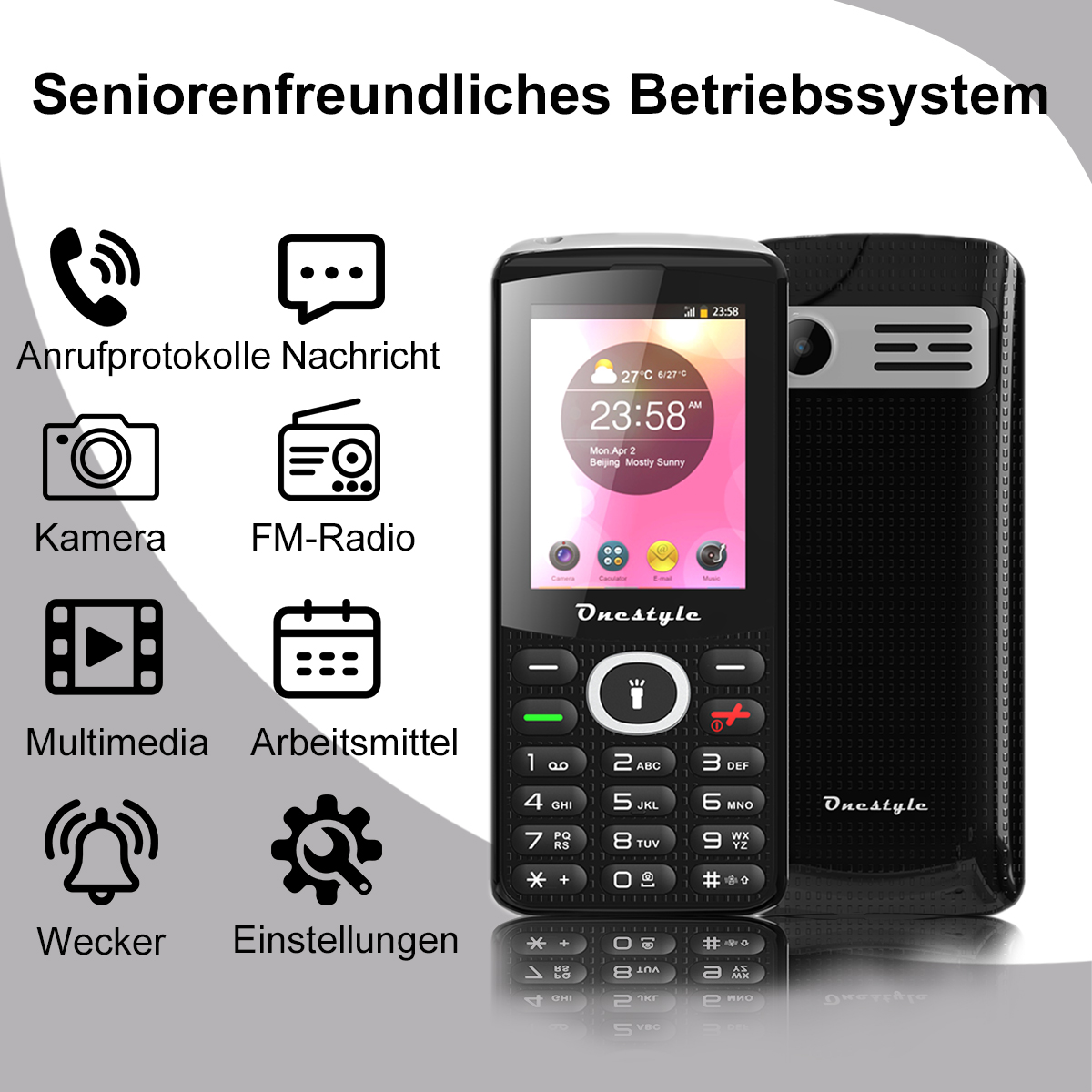 Ein schwarzes Telefon mit großem Bildschirm, das Uhrzeit und Datum anzeigt, und eine weiße benutzerfreundliche Oberfläche.