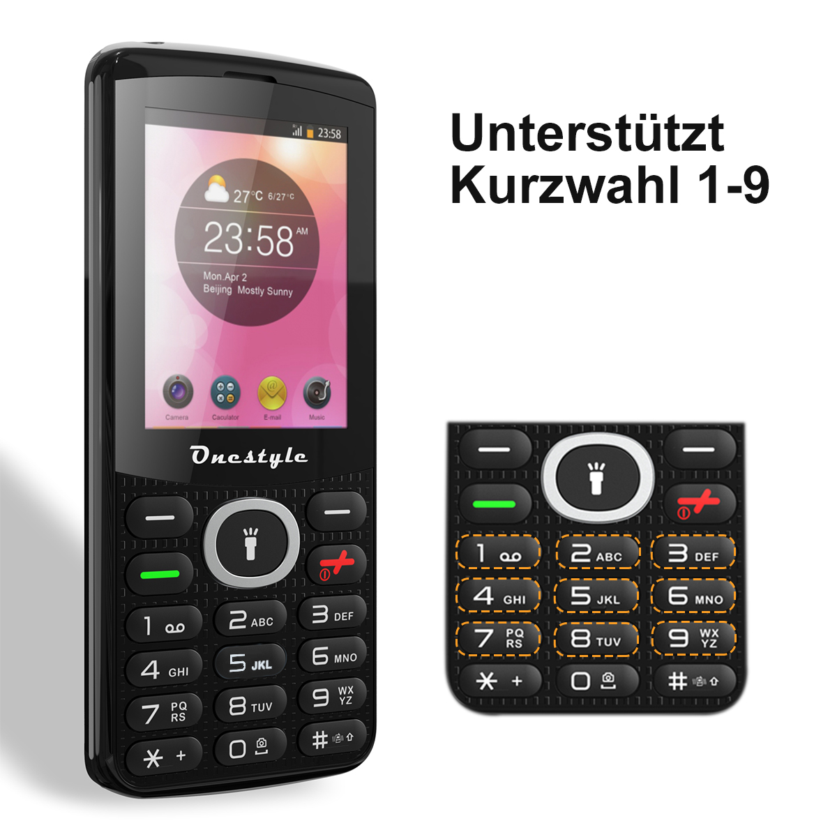 Ein schwarzes Mobiltelefon mit einer großen Taste und ein zweites kleines Telefon mit Tasten.
