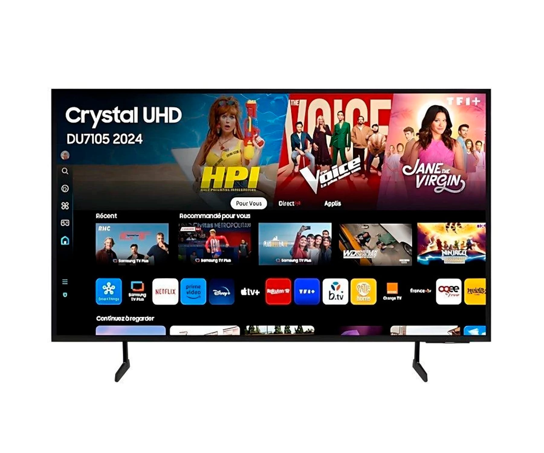 Ein Fernsehbildschirm zeigt verschiedene Streaming-Apps und Inhalte auf einem schwarzen Ständer.