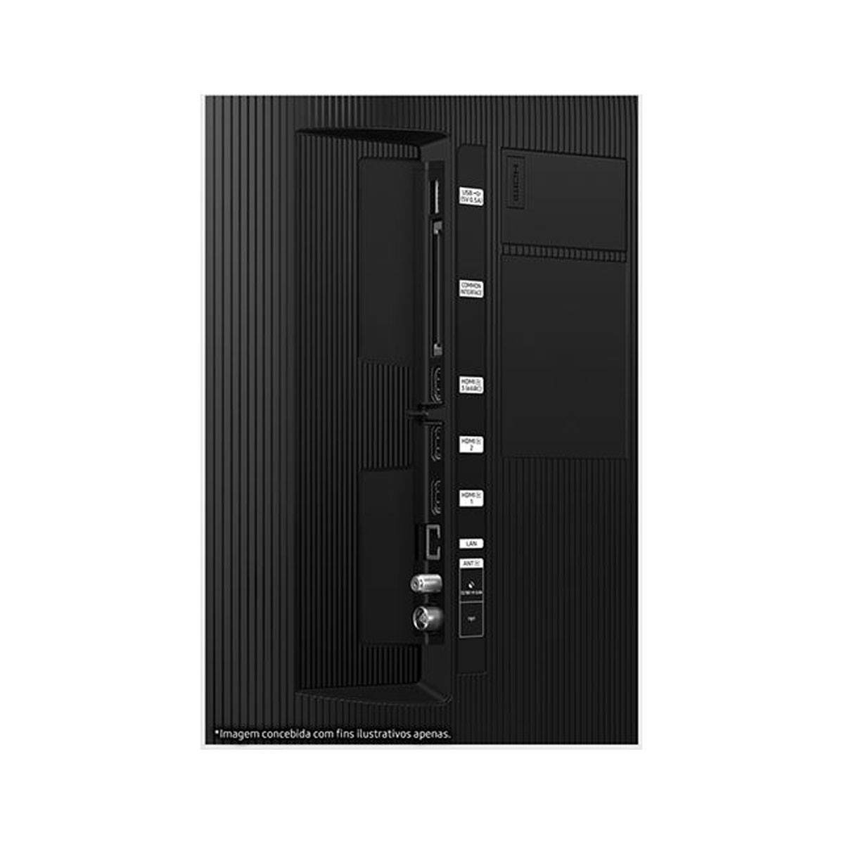 Schwarze Rückseite eines Fernsehers mit Anschlüssen und Steckern. Verschiedene HDMI-, LAN- und andere Ein-/Ausgänge.