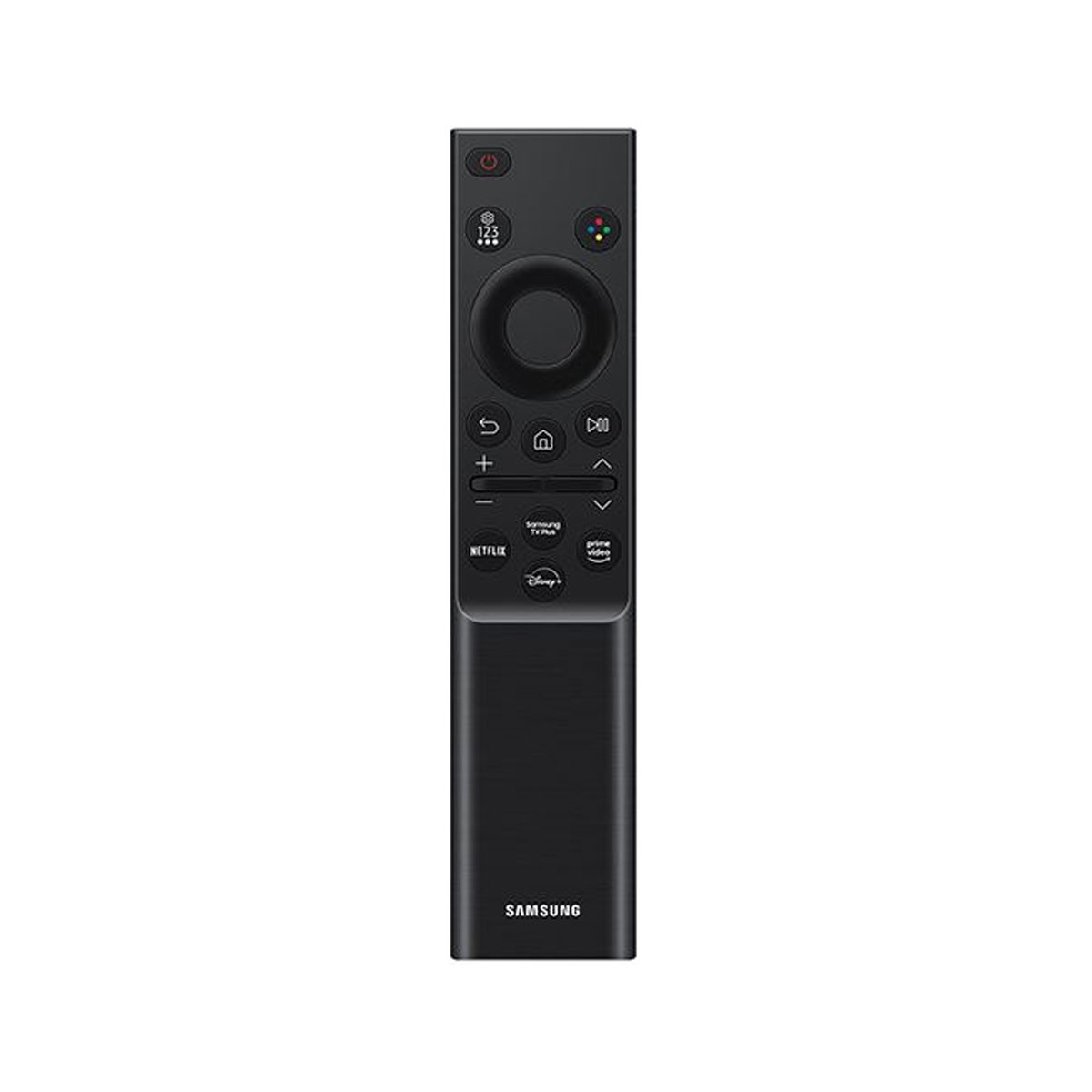 Schwarze Samsung TV-Fernbedienung. Mit Tasten für Ein/Aus, Zahlen, Navigation und Streaming-Dienste.