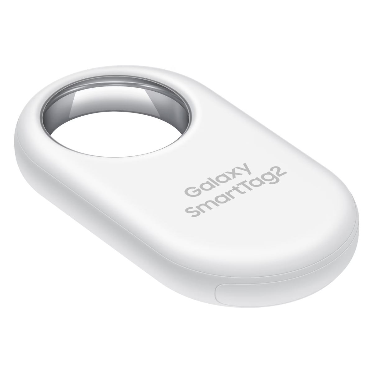 Weißer Galaxy SmartTag2 auf weißem Hintergrund.