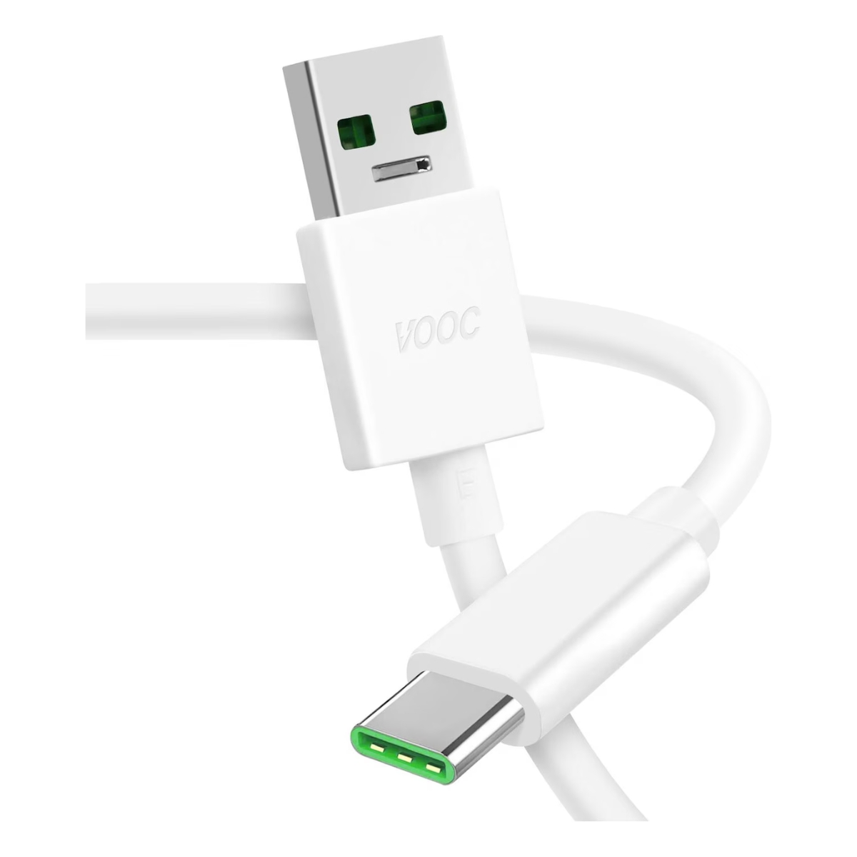 Weißes Ladekabel mit USB-Anschluss und Typ-C-Anschluss. Auf dem Kabel steht das Wort VOOC.