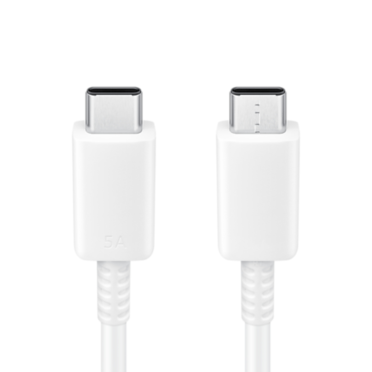 Weiße USB-C-Kabelanschlüsse. Das Kabel hat weiße Kunststoffköpfe und ein weißes Kabel.