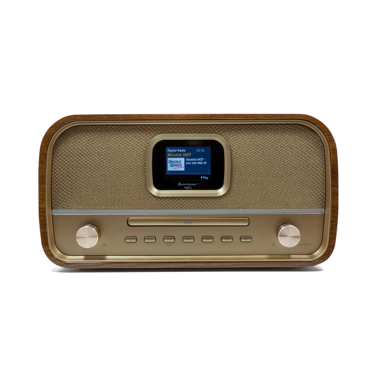 Ein braunes und goldenes Radio mit Digitalanzeige und Knöpfen. Verfügt über einen CD-Player.