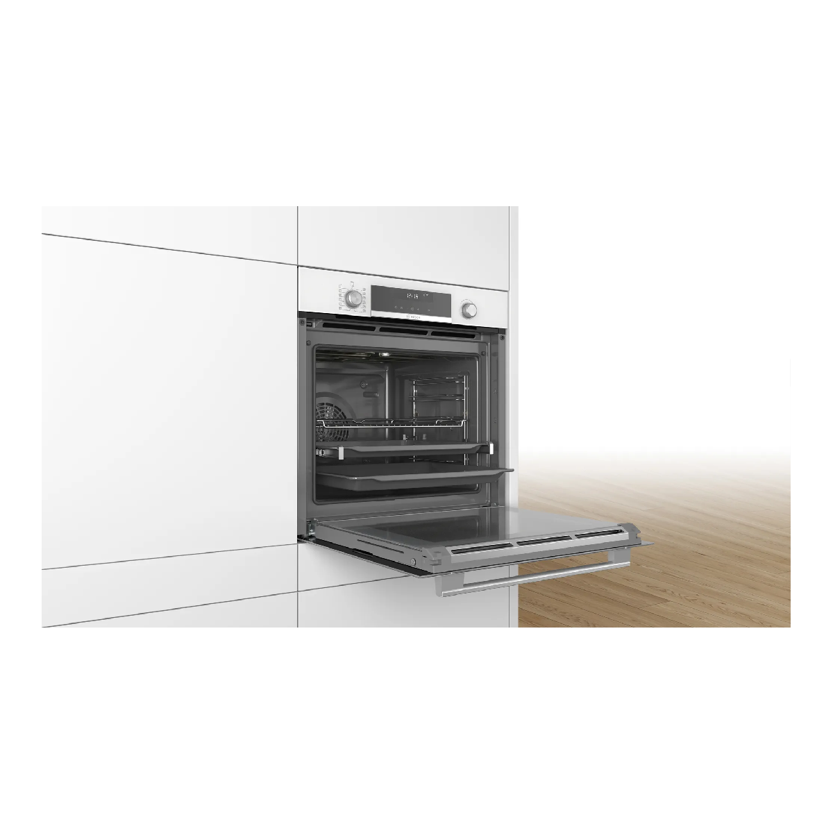 Horno empotrado con puerta abierta. Interior de acero inoxidable. Gabinete blanco. Piso de madera.