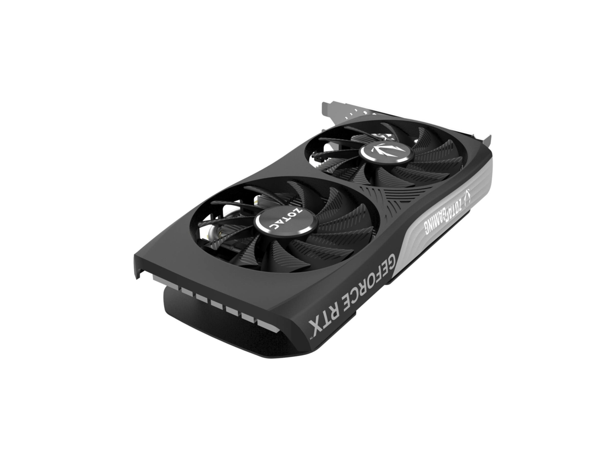 Czarna karta graficzna Zotac GeForce RTX z dwoma wentylatorami, ustawiona pod kątem na białym tle.