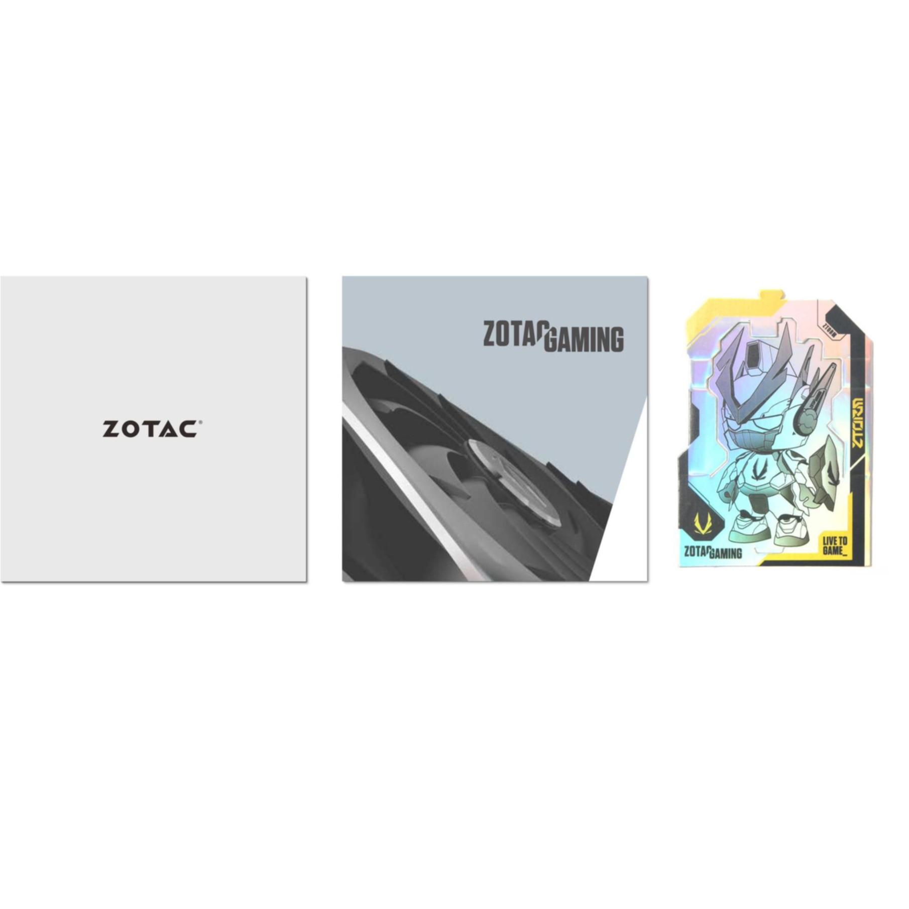 Opakowanie produktu ZOTAC: pudełko, karta graficzna i karta promocyjna, wszystkie z logo.