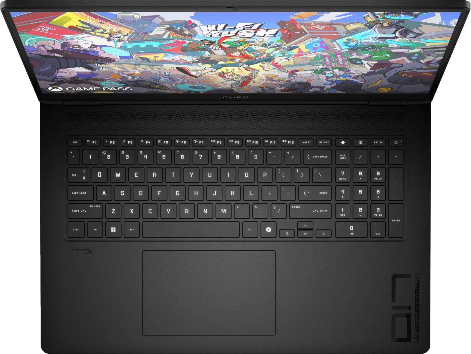 Czarny laptop, otwarty, z kolorowym ekranem pokazującym grę. Klawiatura jest widoczna. Marka to Omen.