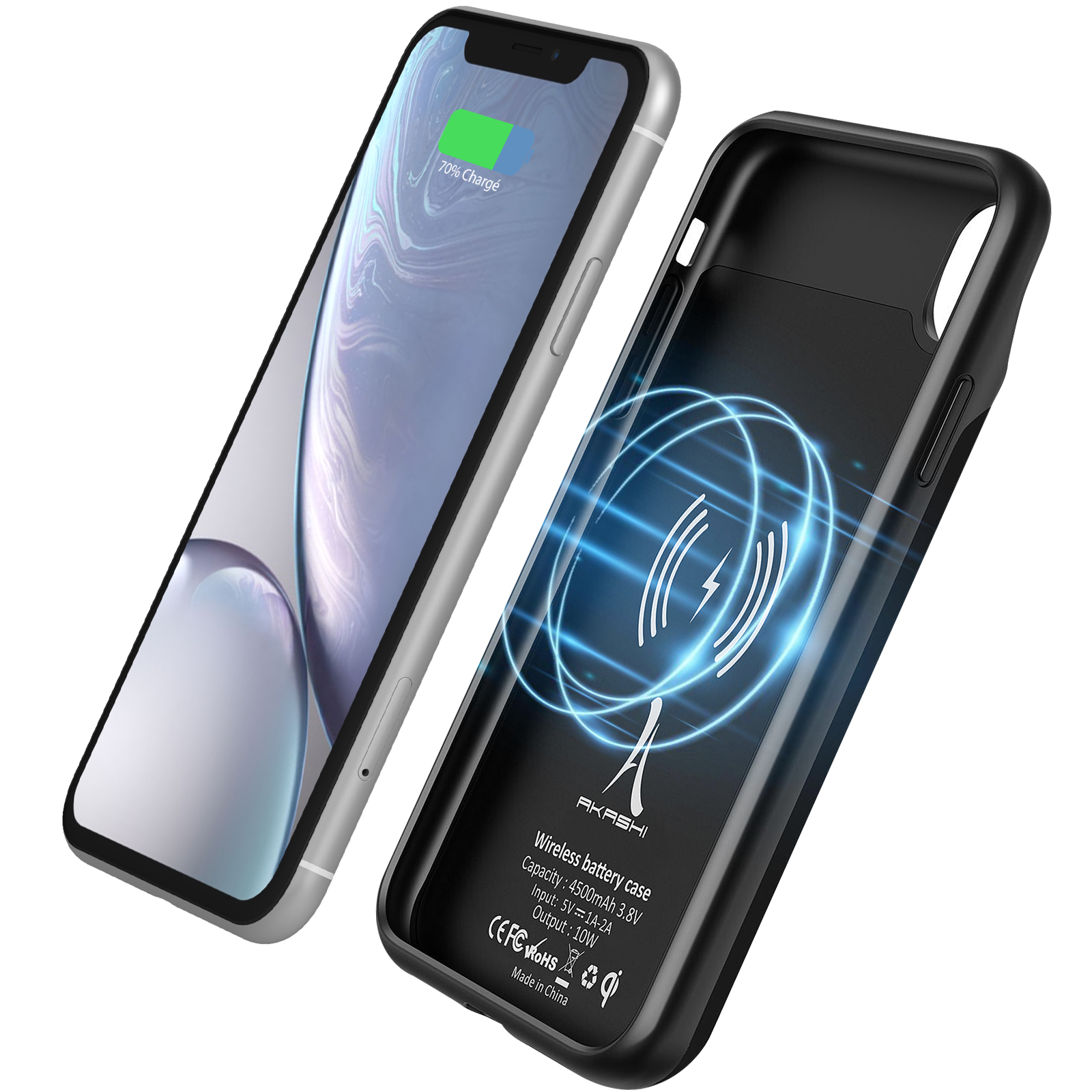 Handyhülle mit kabellosem Laden. Das Telefon ist eingeschaltet und die Hülle ist geöffnet, das Ladesymbol wird angezeigt.