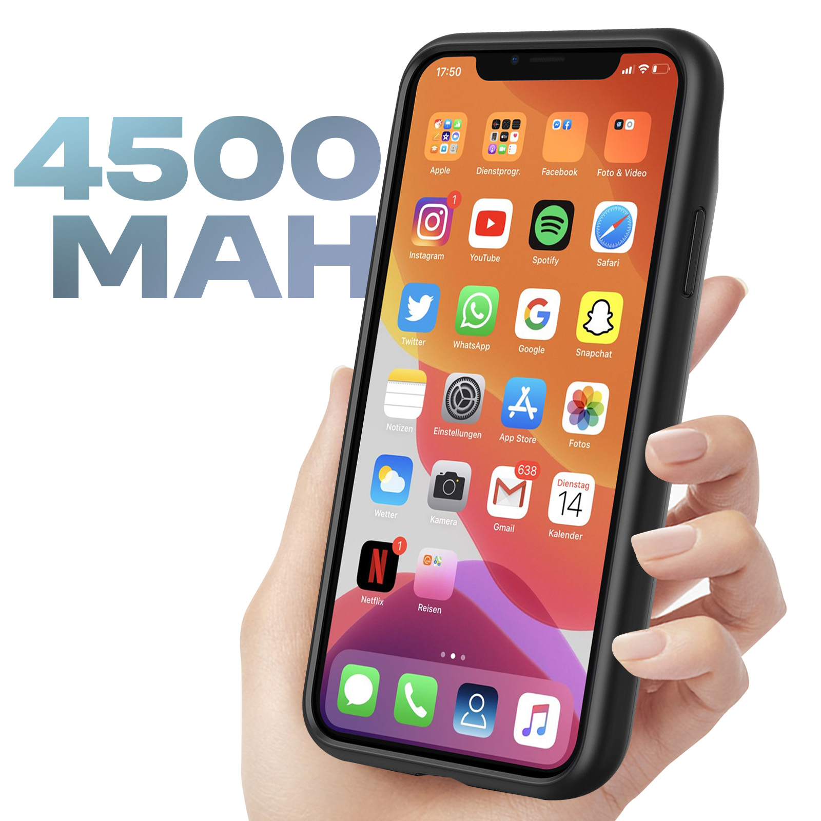 Hand hält Telefon mit Apps. 4500 MAH Text. Weißer Hintergrund. Schwarze Handyhülle.