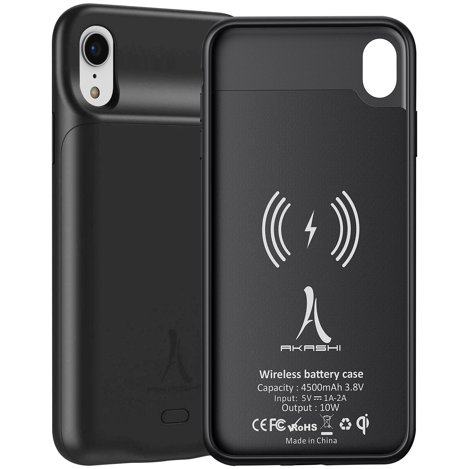 Schwarze Handyhülle mit kabellosem Ladesymbol. Die Hülle hält ein Telefon, offen, zweiteilig.