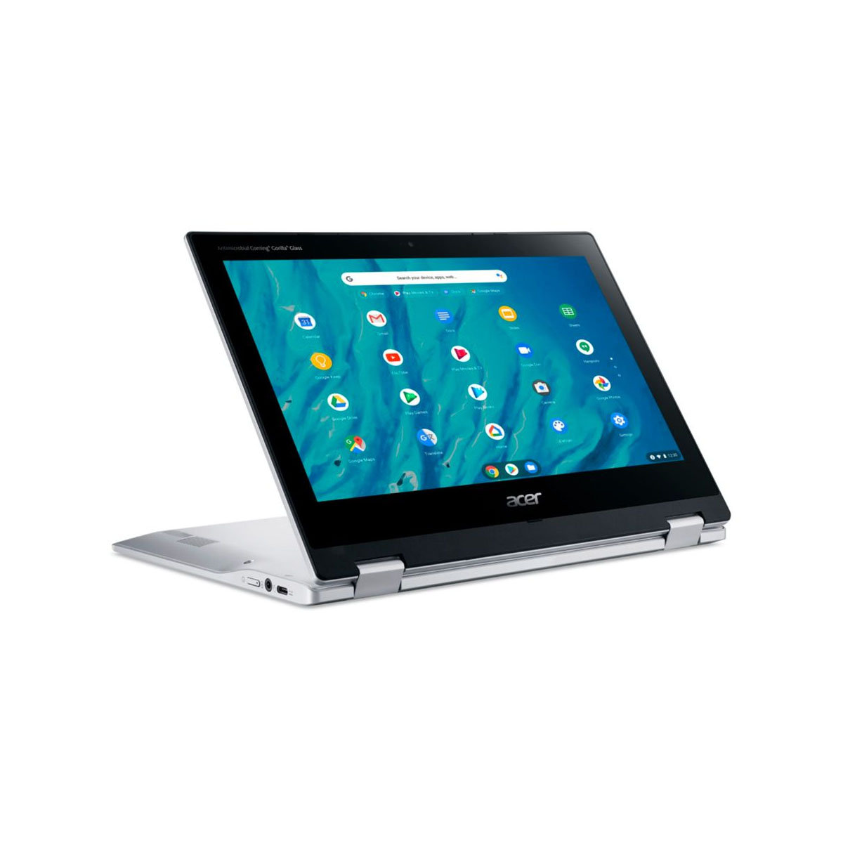 Silberner Laptop mit offenem, schwarzem Bildschirm. Der Bildschirm zeigt eine Oberfläche.