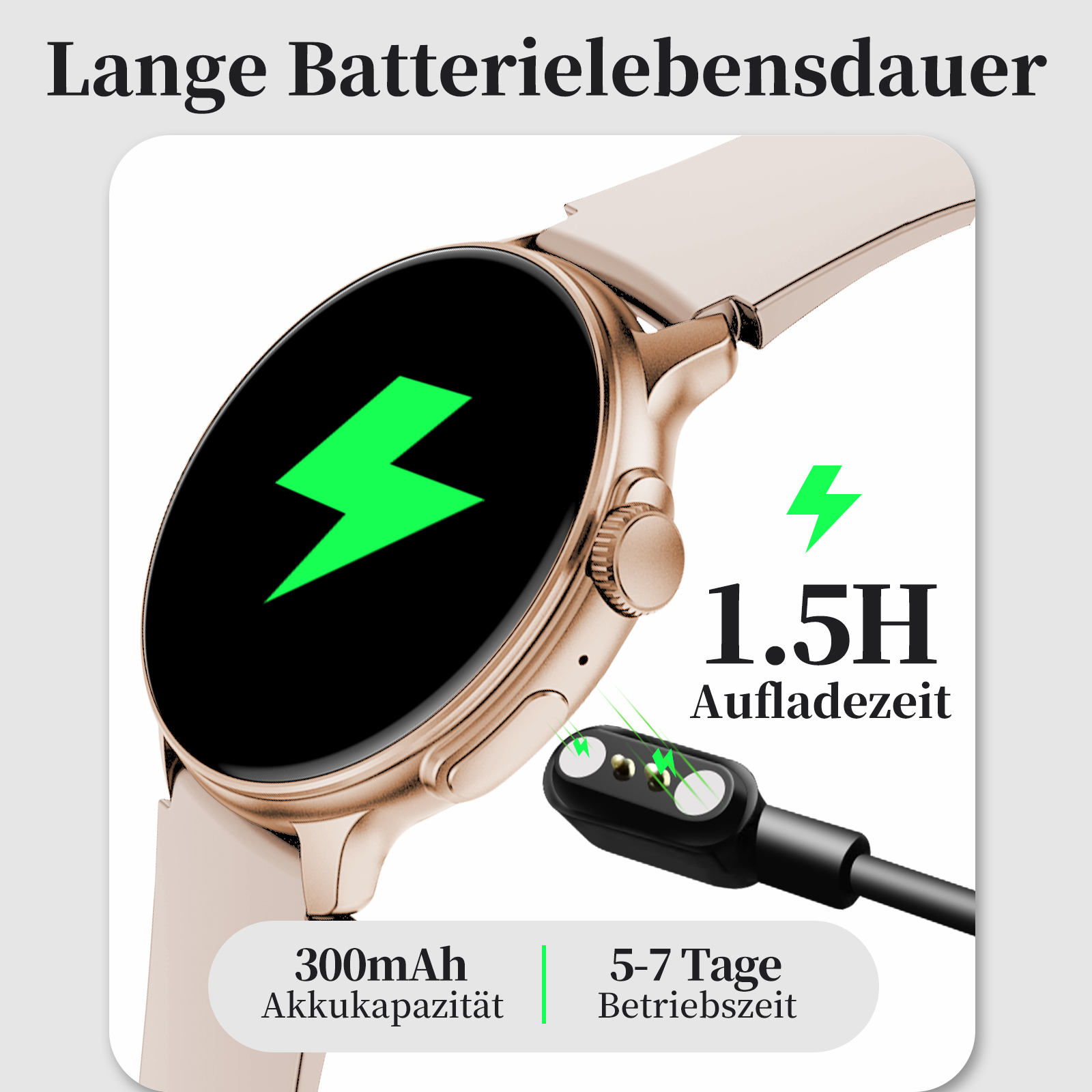 Smartwatch, goldfarbenes Gehäuse, weißes Armband. Zeigt einen grünen Blitz auf schwarzem Bildschirm, 1,5H Ladezeit.