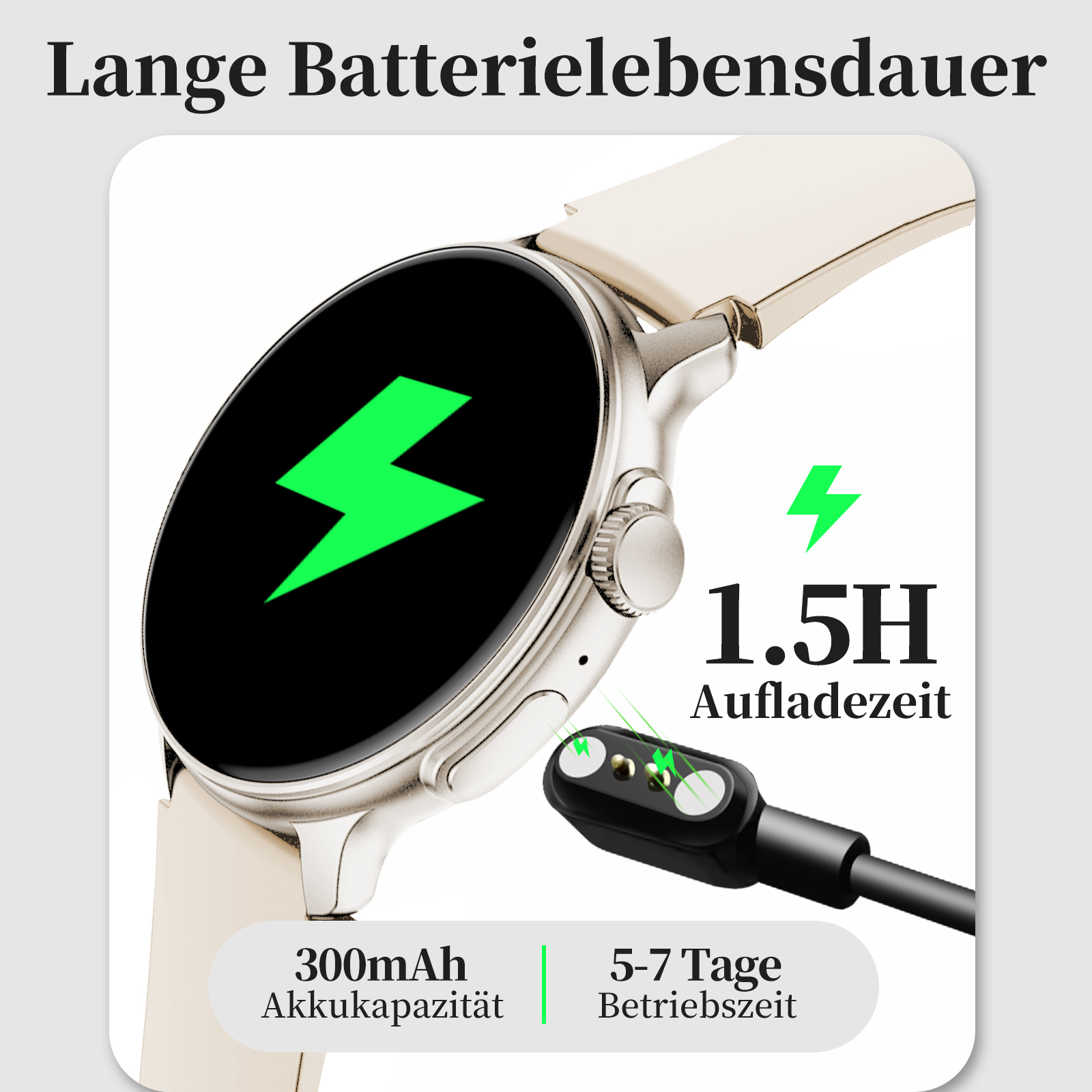 Smartwatch mit grünem Blitz auf dem Bildschirm. Zeigt Akku- und Ladezeit an.
