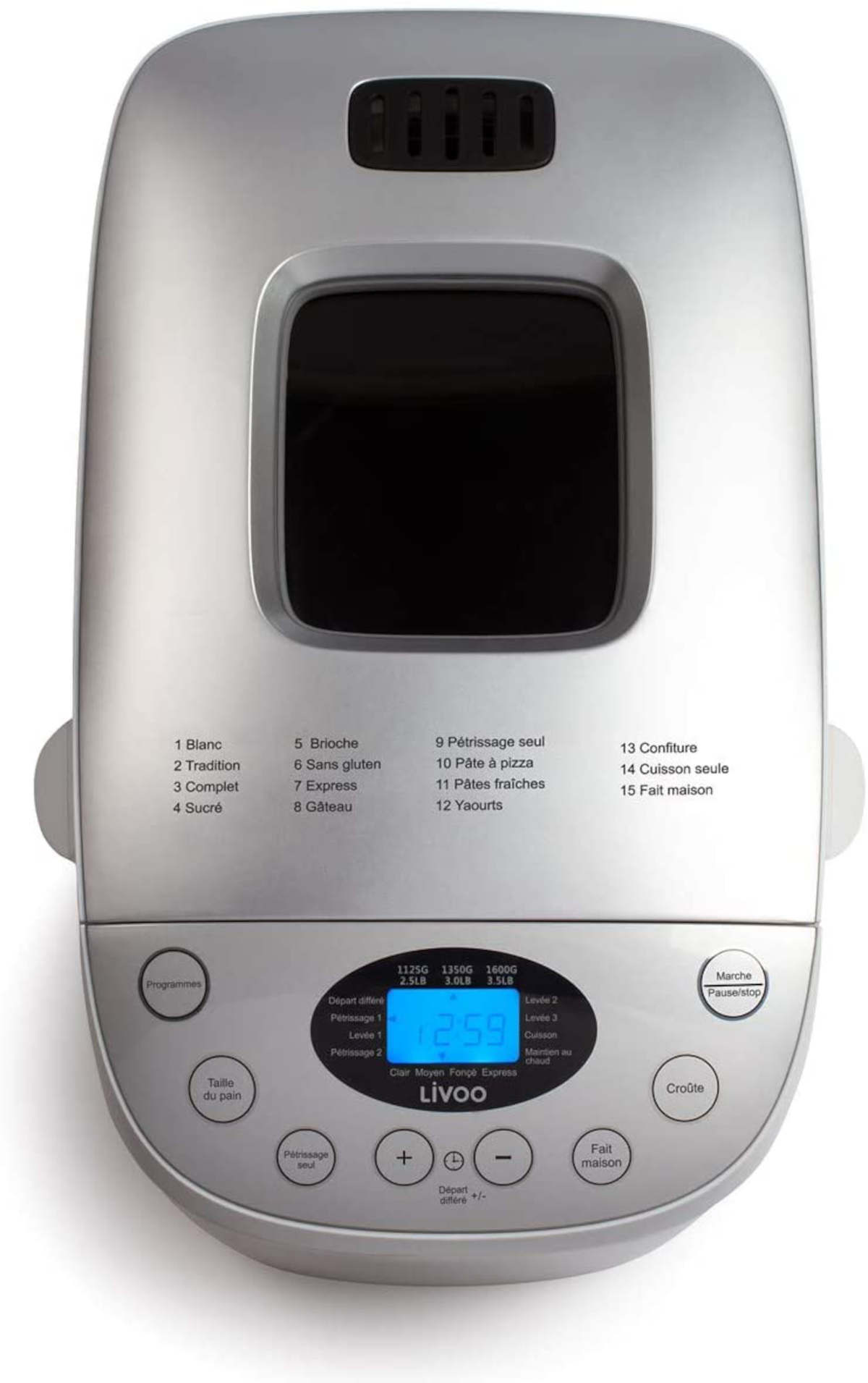 Silberner Brotbackautomat mit Display und Bedientasten. Menüoptionen sind an der Seite aufgelistet. Draufsicht.