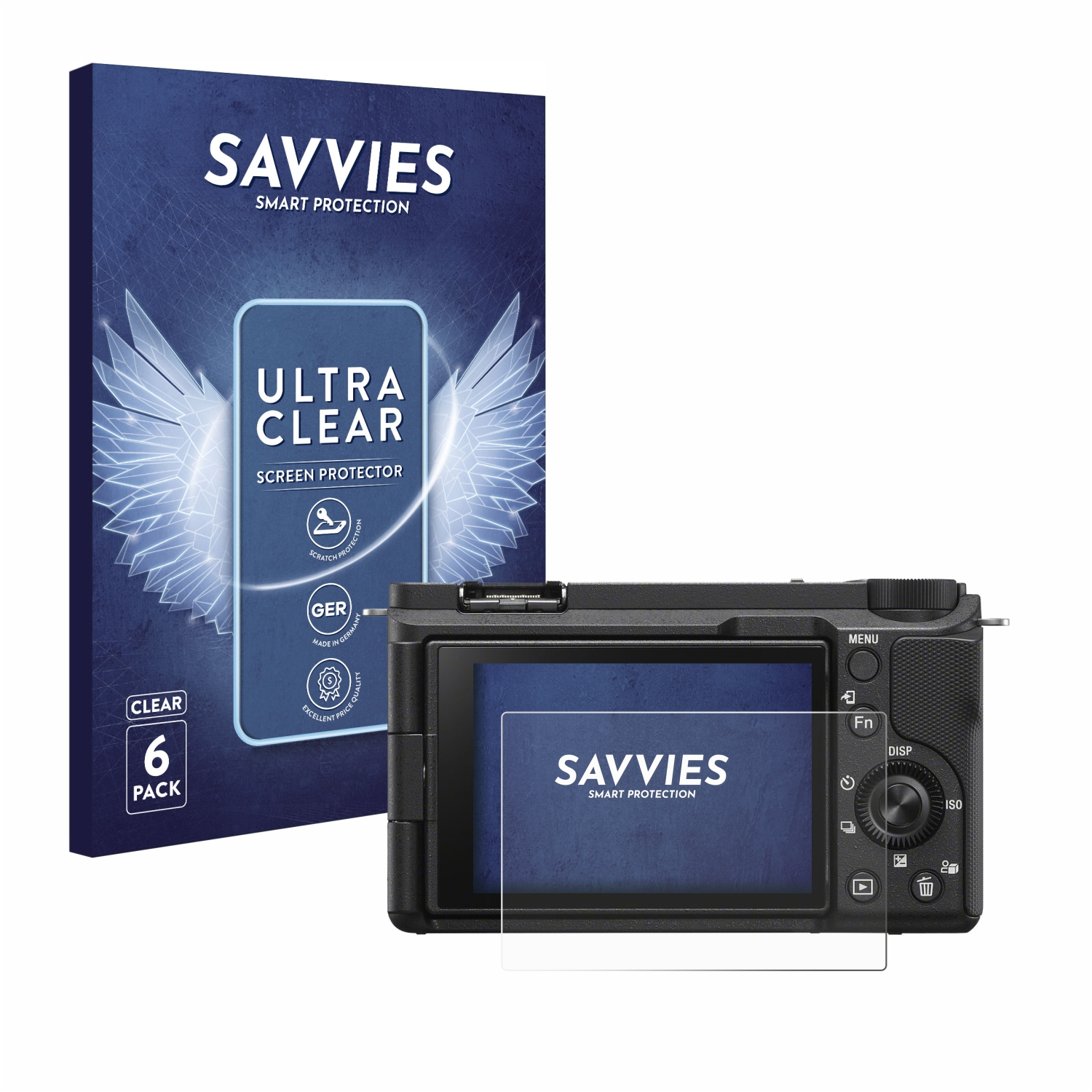 Kamera-Displayschutzfolien-Set mit Kamera. Box zeigt Markenname und Spezifikationen. Schutzfolie neben Kamera.
