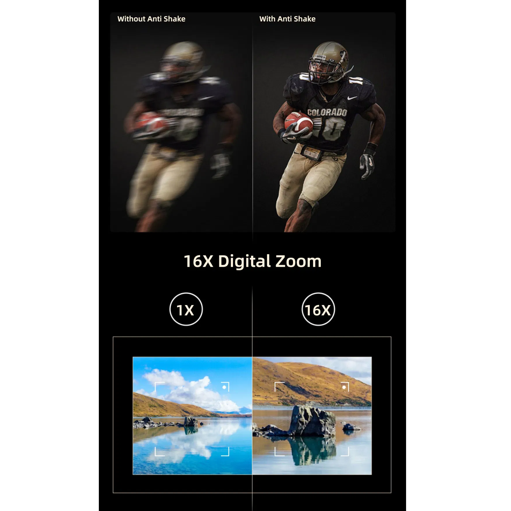 Porównanie obrazów: Gracz w futbol amerykański biegnący bez i ze stabilizacją. Tekst: Zoom cyfrowy 16X.