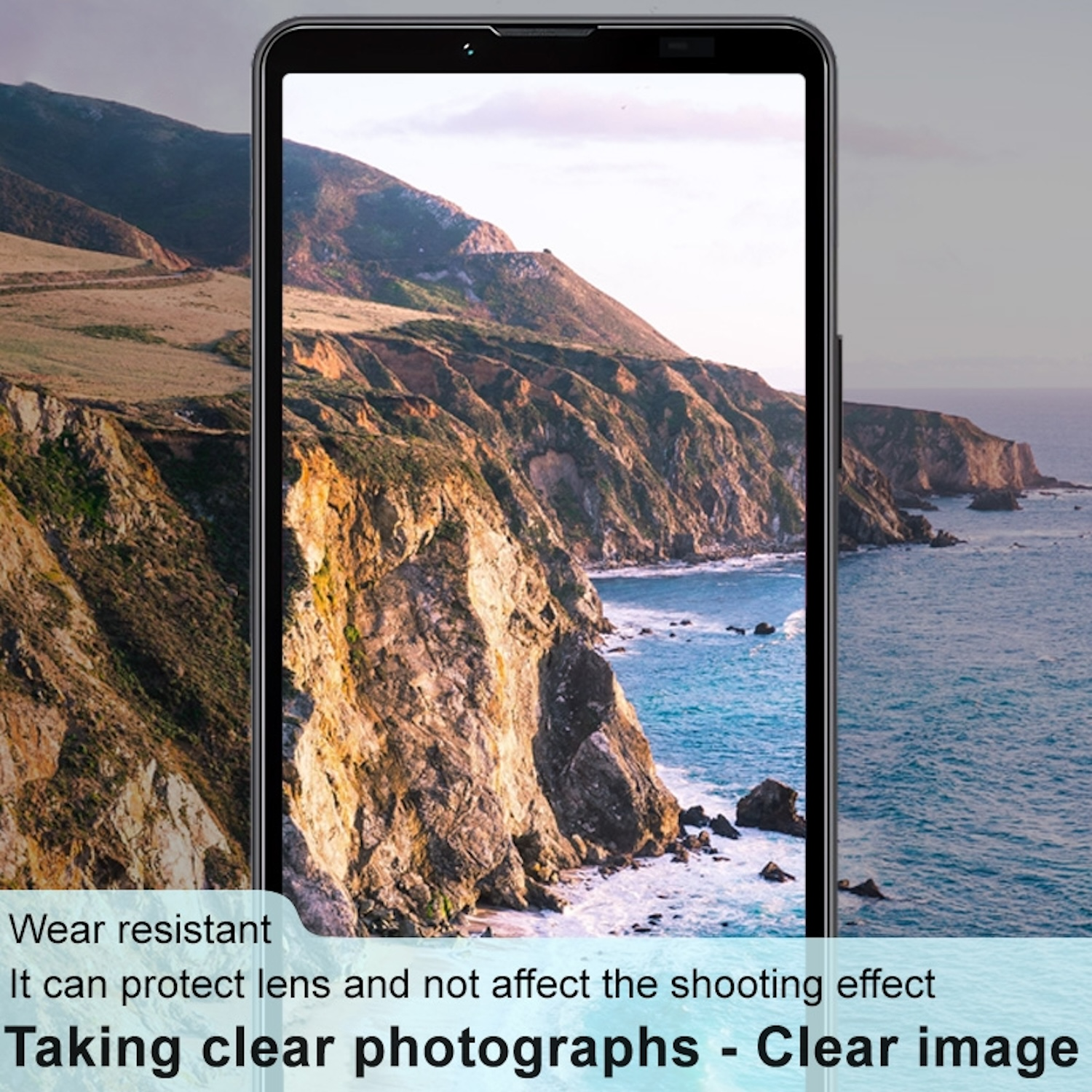 Ein Smartphone-Bildschirm zeigt eine malerische Aussicht auf Klippen und das Meer, mit einem Telefonrahmen.