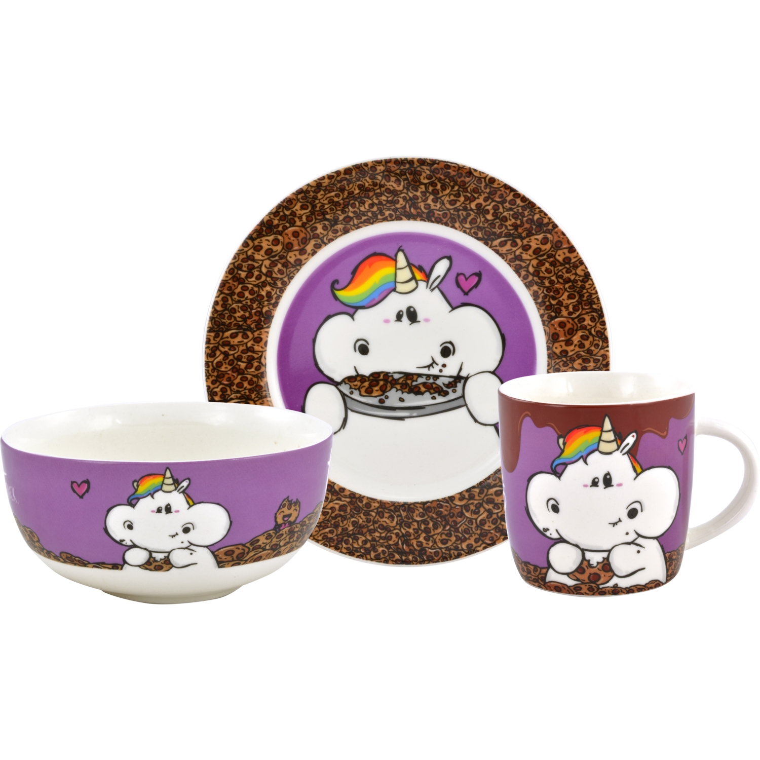 Ein Einhorn-Geschirrset. Enthält Teller, Schüssel und Tasse mit Einhorn-Illustrationen.