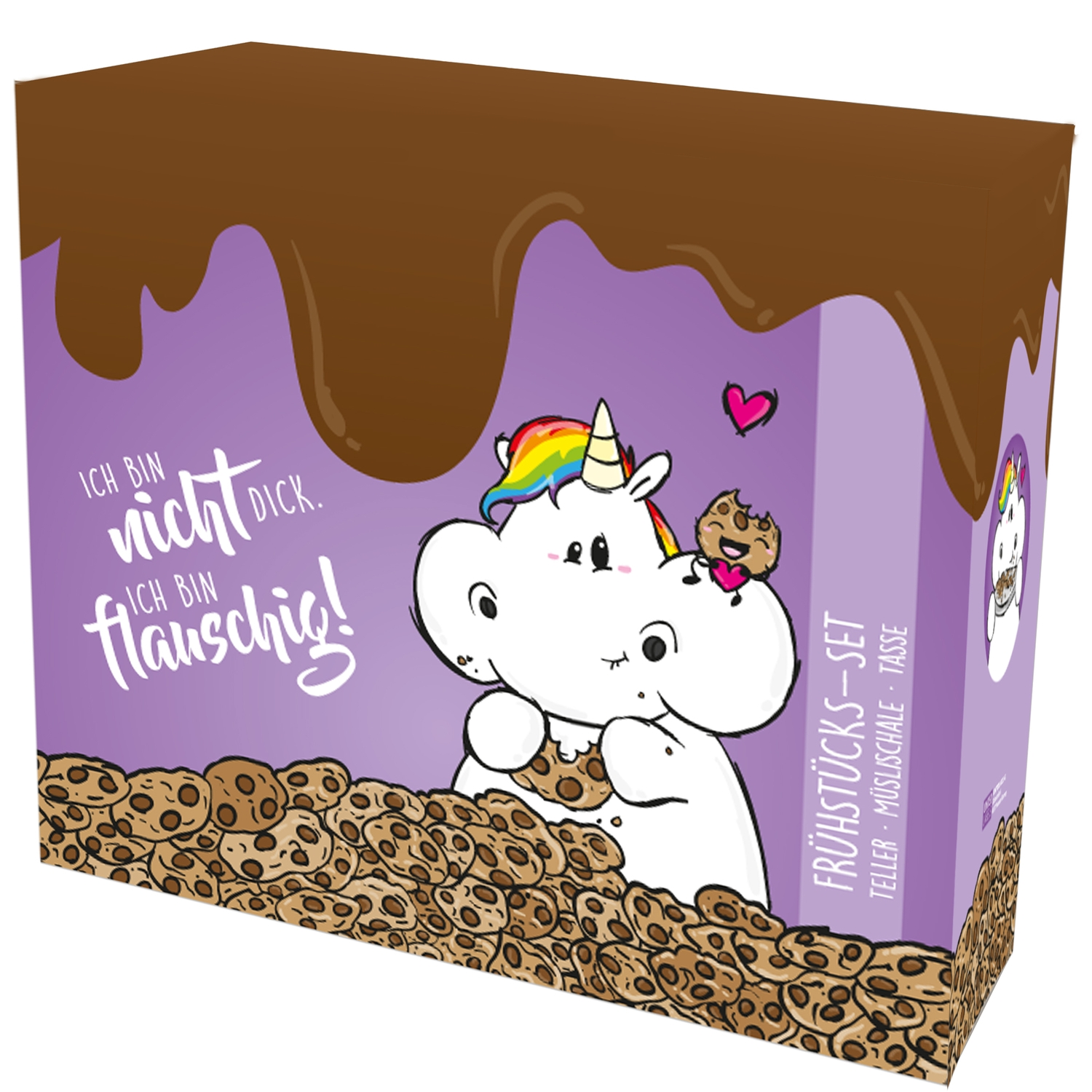Box mit einem Cartoon-Einhorn, Keks und Text: Ich bin nicht dick, ich bin flauschig! Mit Keksen unten.