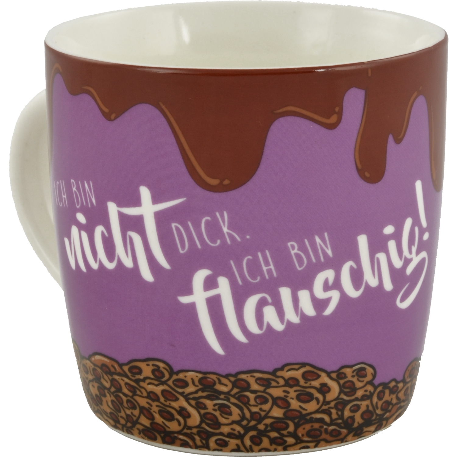 Becher mit lila Hintergrund, Schokoladen-Tropf-Design und Keksen.