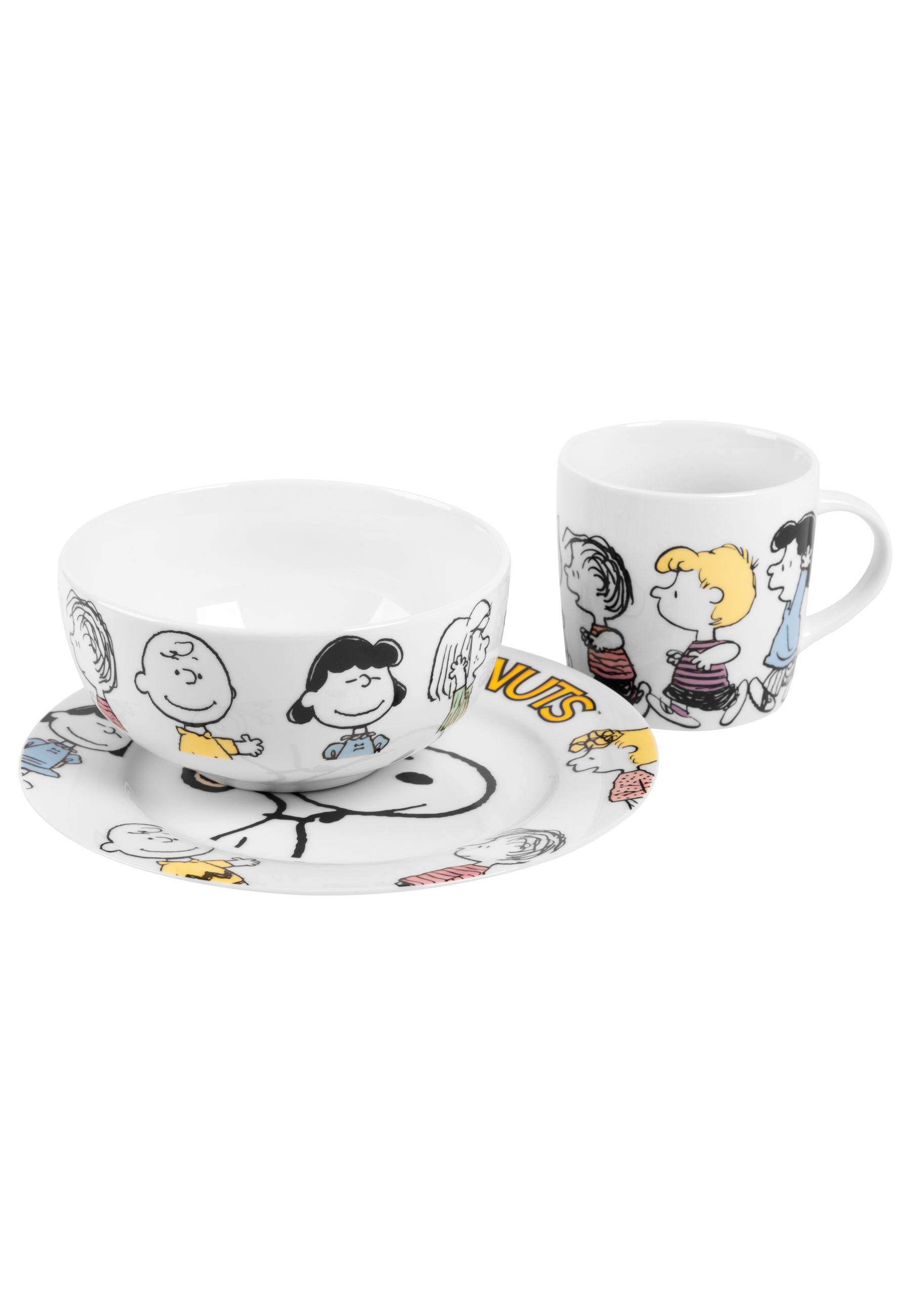 Weißes Peanuts-Geschirr-Set mit Schüssel, Teller und Becher mit Charakteren.