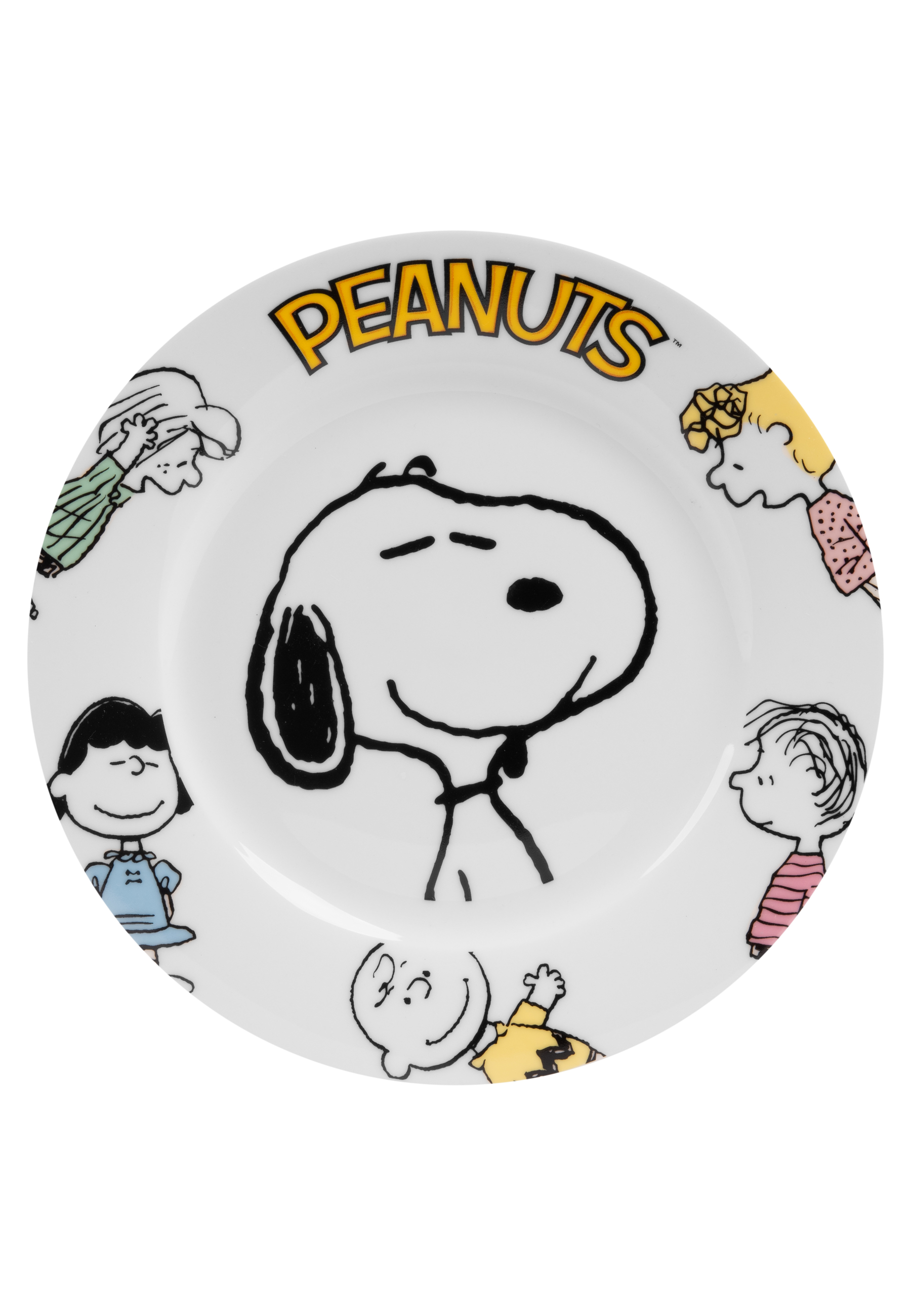Ein weißer Teller mit Snoopy und Freunden, mit dem Wort 'PEANUTS' oben.