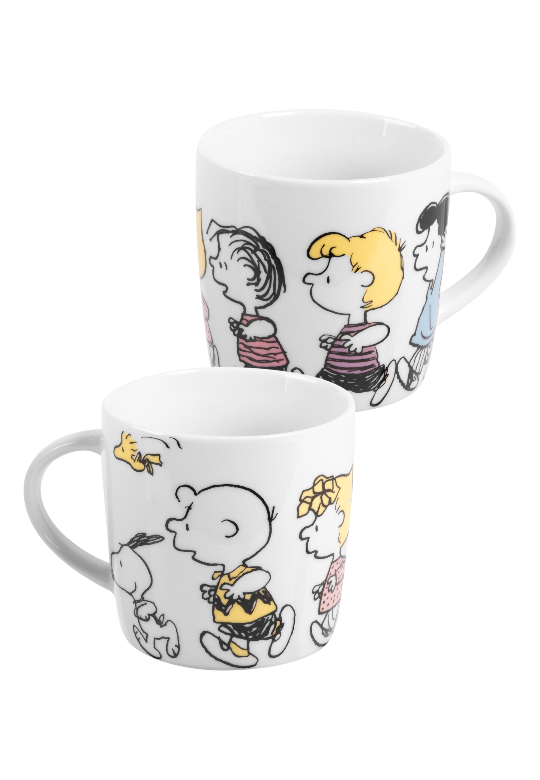 Zwei weiße Tassen mit Peanuts-Charakteren, vor weißem Hintergrund.