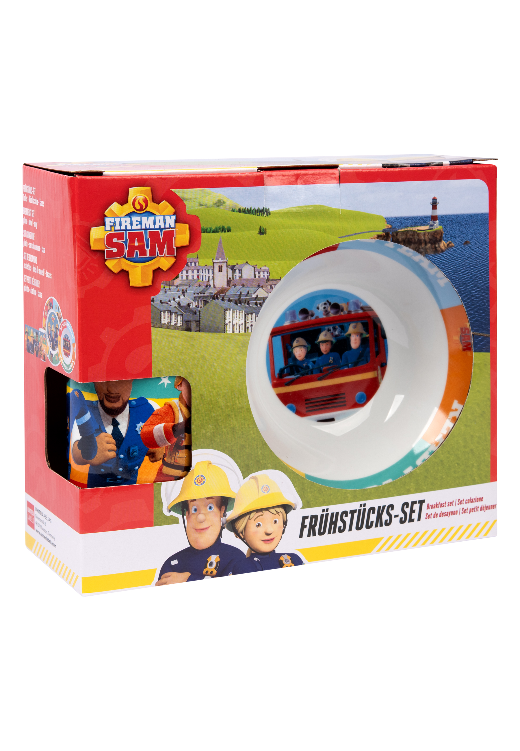 Eine Fireman Sam Frühstücksbox mit Tasse, Schüssel und einer Küstenszene.