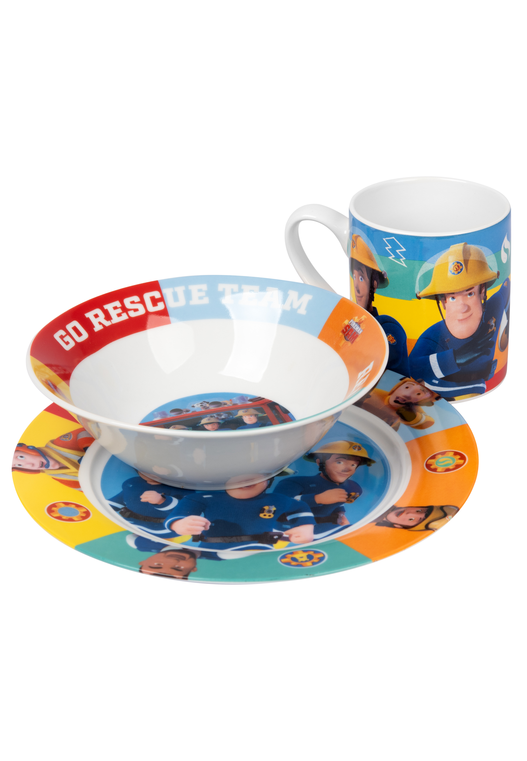 Kindertisch-Set mit Feuerwehr-Motiv. Enthält eine Schüssel, einen Teller und einen Becher, alle mit Cartoon-Design.