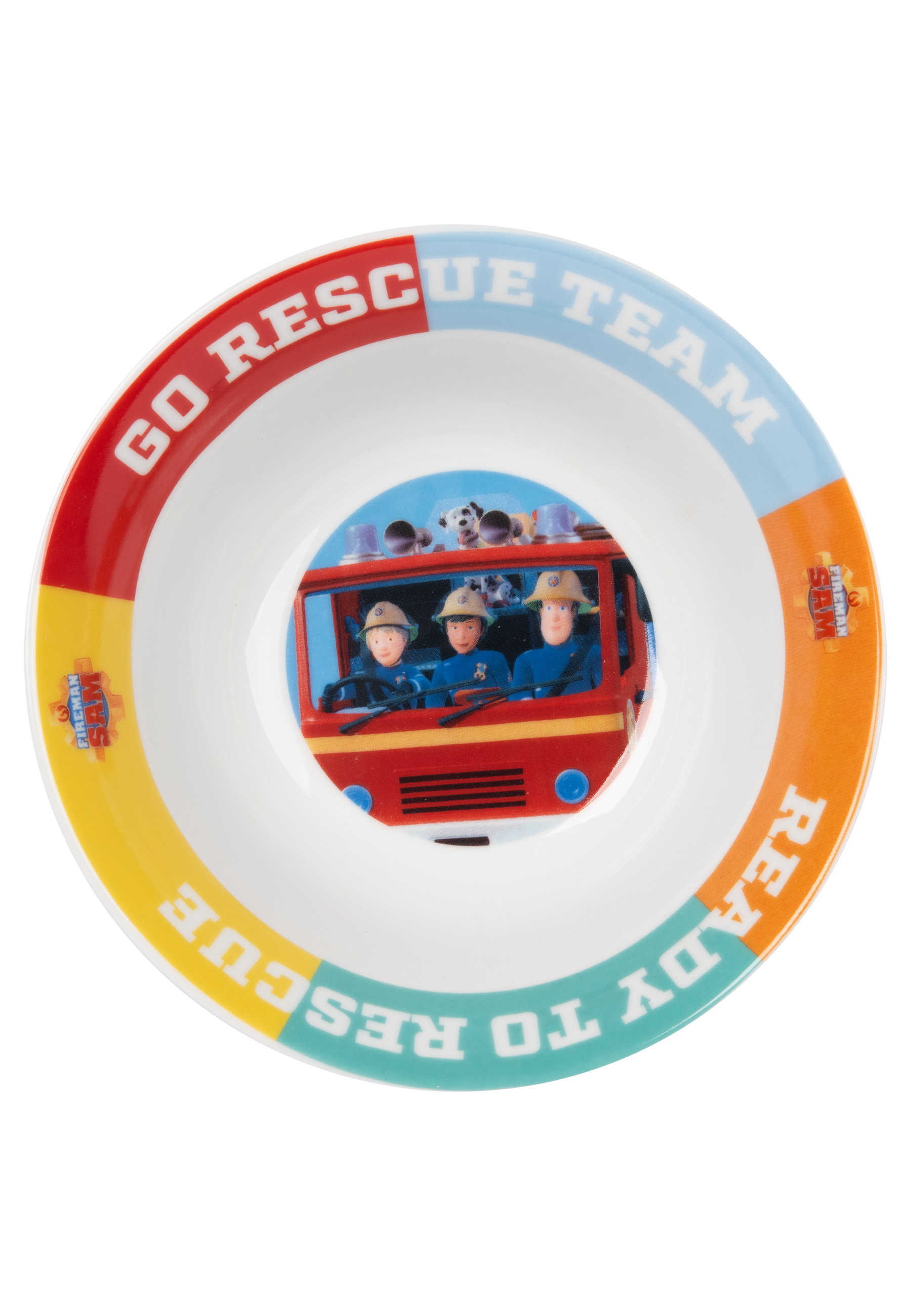 Eine weiße Schüssel mit einem Cartoon-Bild. Das Bild zeigt Feuerwehrleute in einem roten Lastwagen.