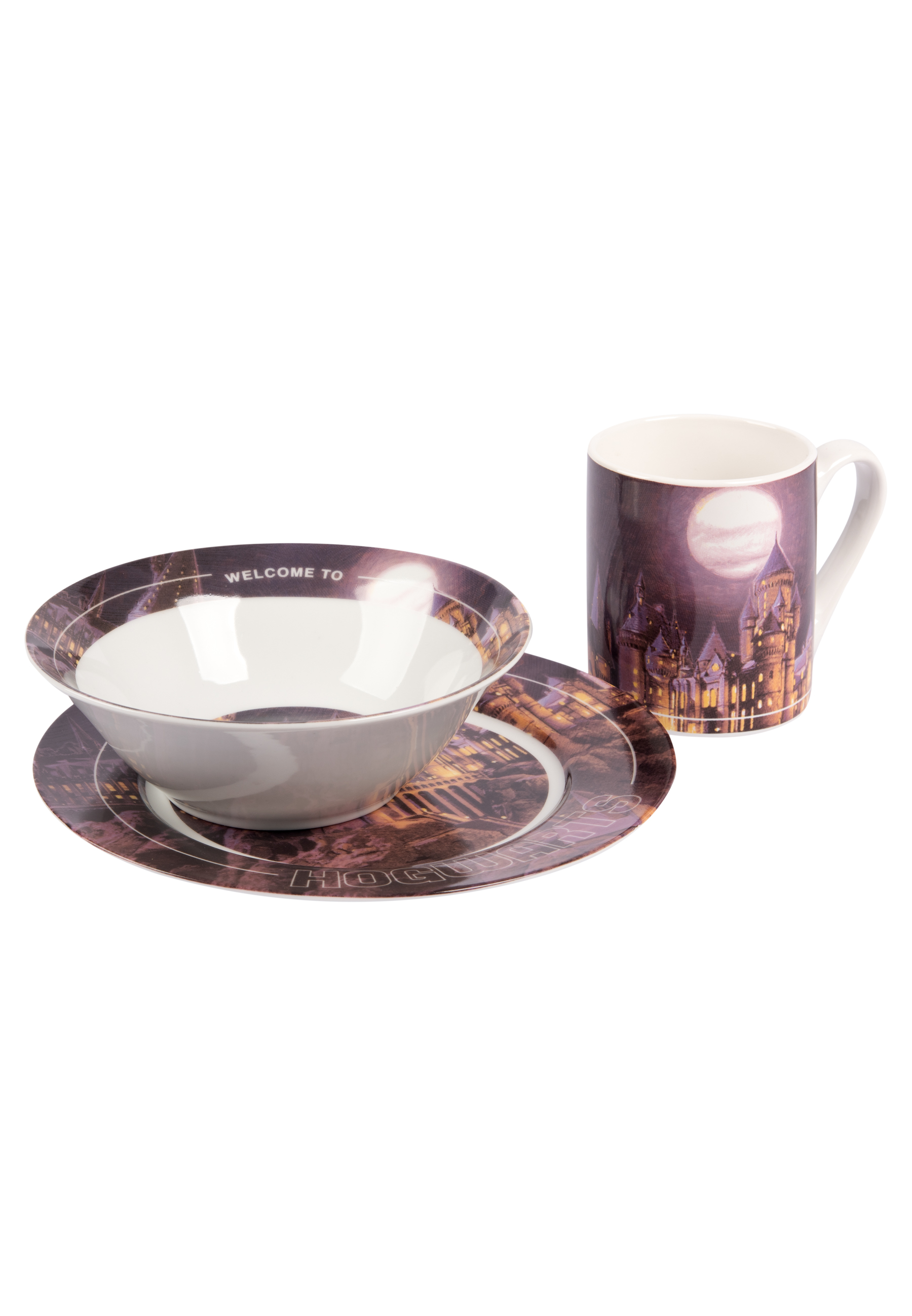Ein Geschirrset: Schüssel, Teller und Becher. Das Design ist von Hogwarts.