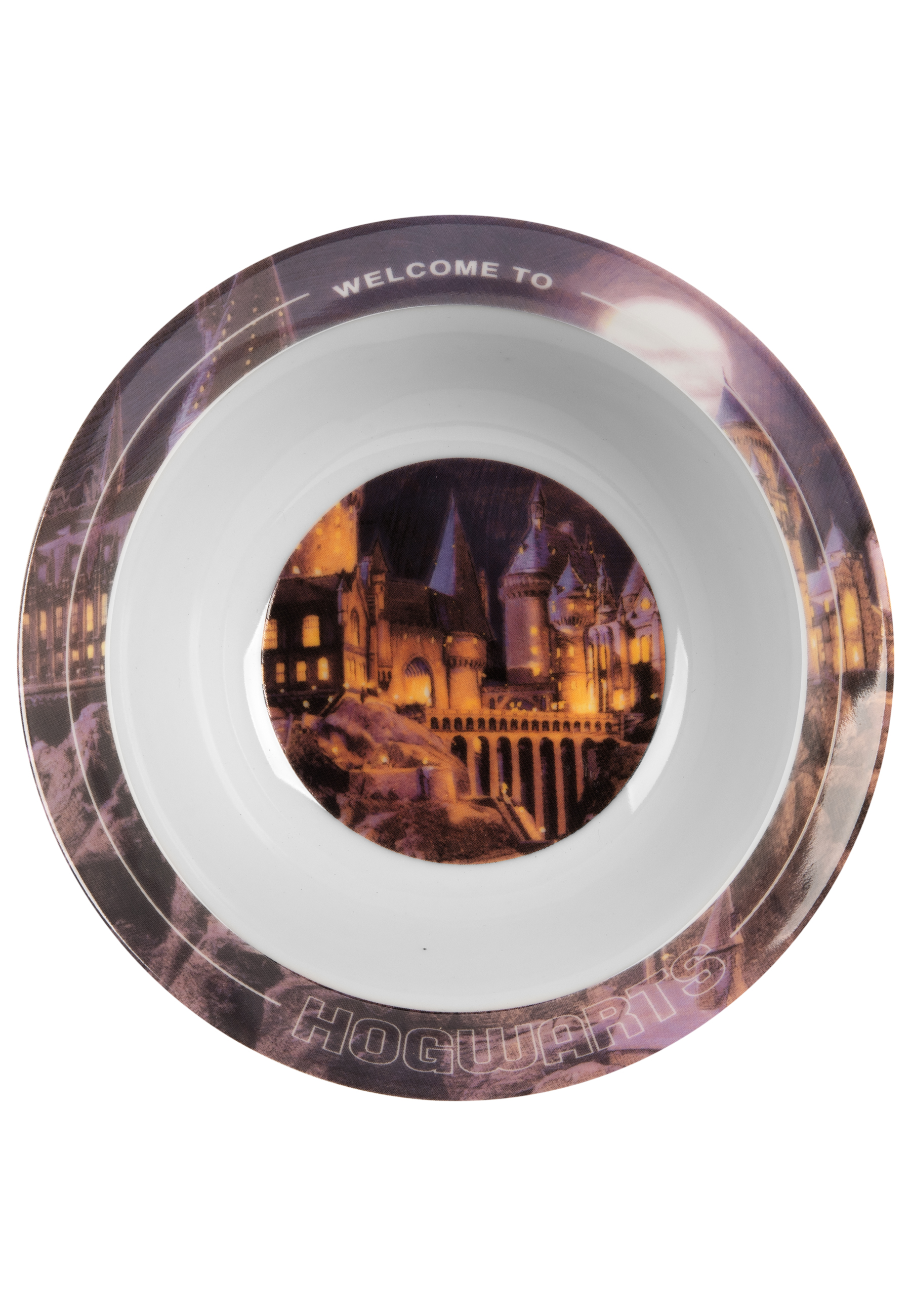 Schüssel im Hogwarts-Thema. Die Schüssel ist innen weiß und hat außen ein Hogwarts-Bild. Lila und gelbe Farbtöne.