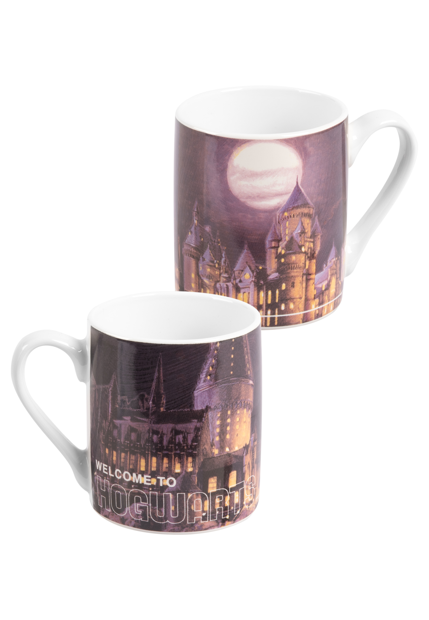 Zwei Tassen zeigen Schloss Hogwarts unter Vollmond. Die Worte "Welcome to Hogwarts" stehen unten.