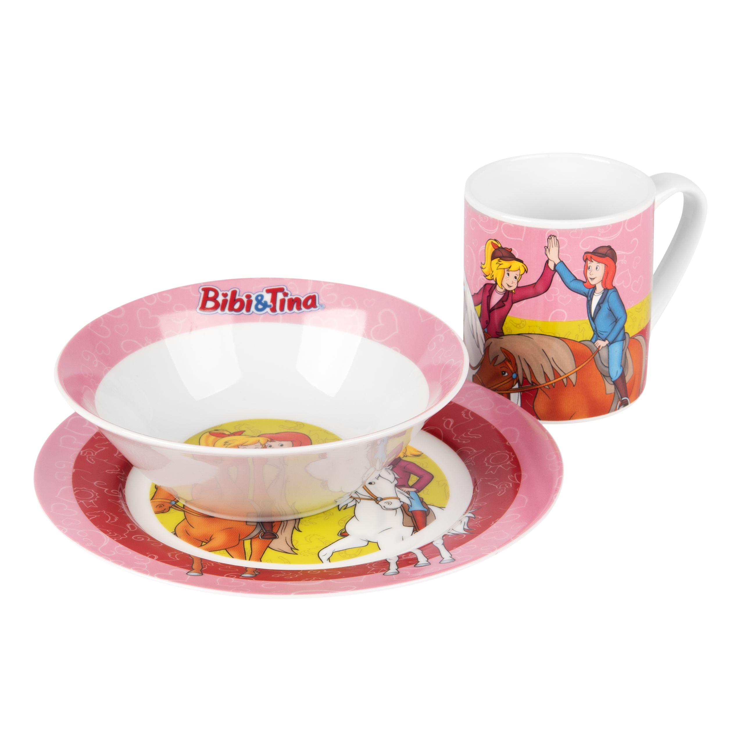 Ein rosa Bibi & Tina Essgeschirr-Set: eine Schüssel, ein Teller und ein Becher mit Comicfiguren beim Reiten.