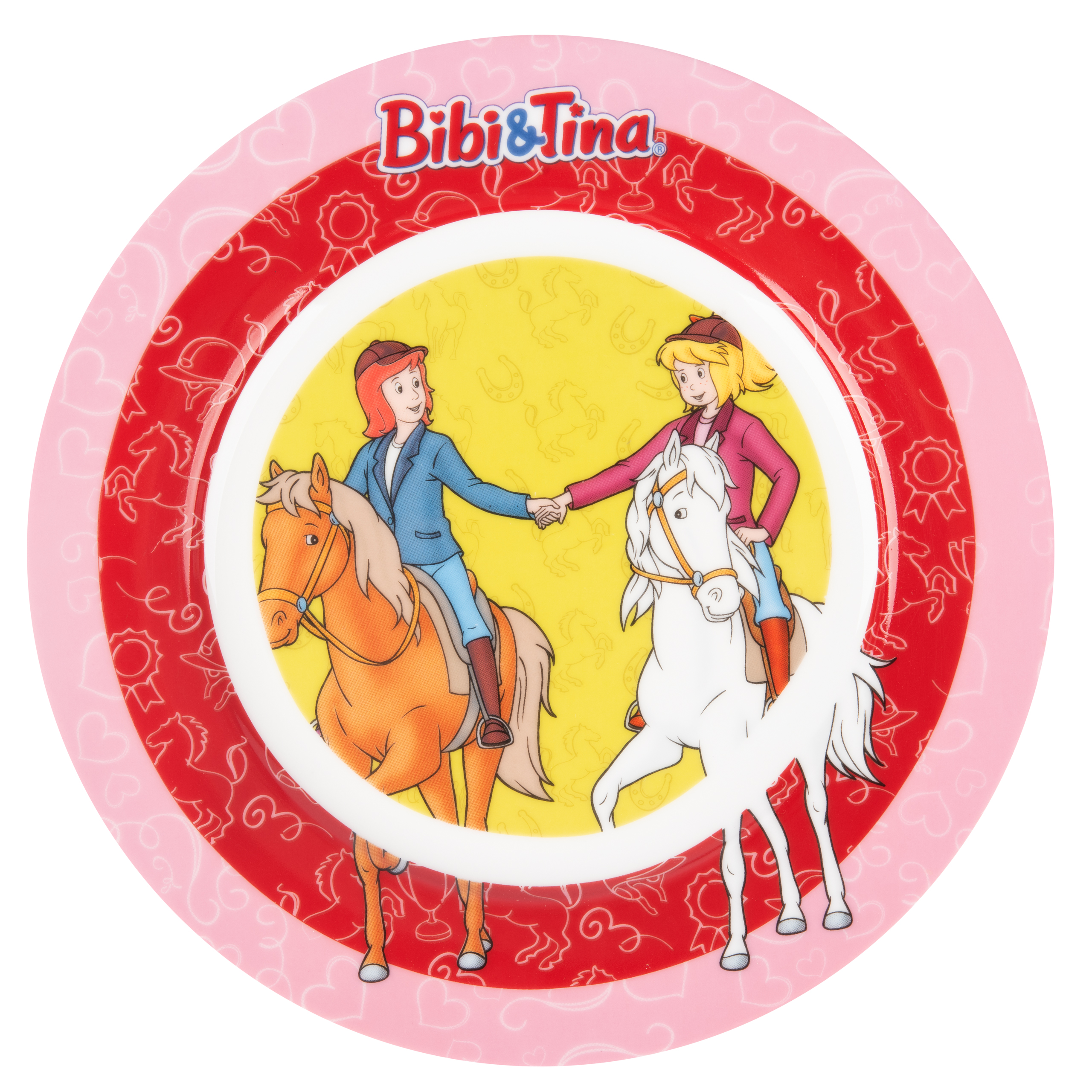 Runder Teller mit rotem und pinkem Rand. Zwei Mädchen auf Pferden in der Mitte, der Teller hat den Titel Bibi & Tina.
