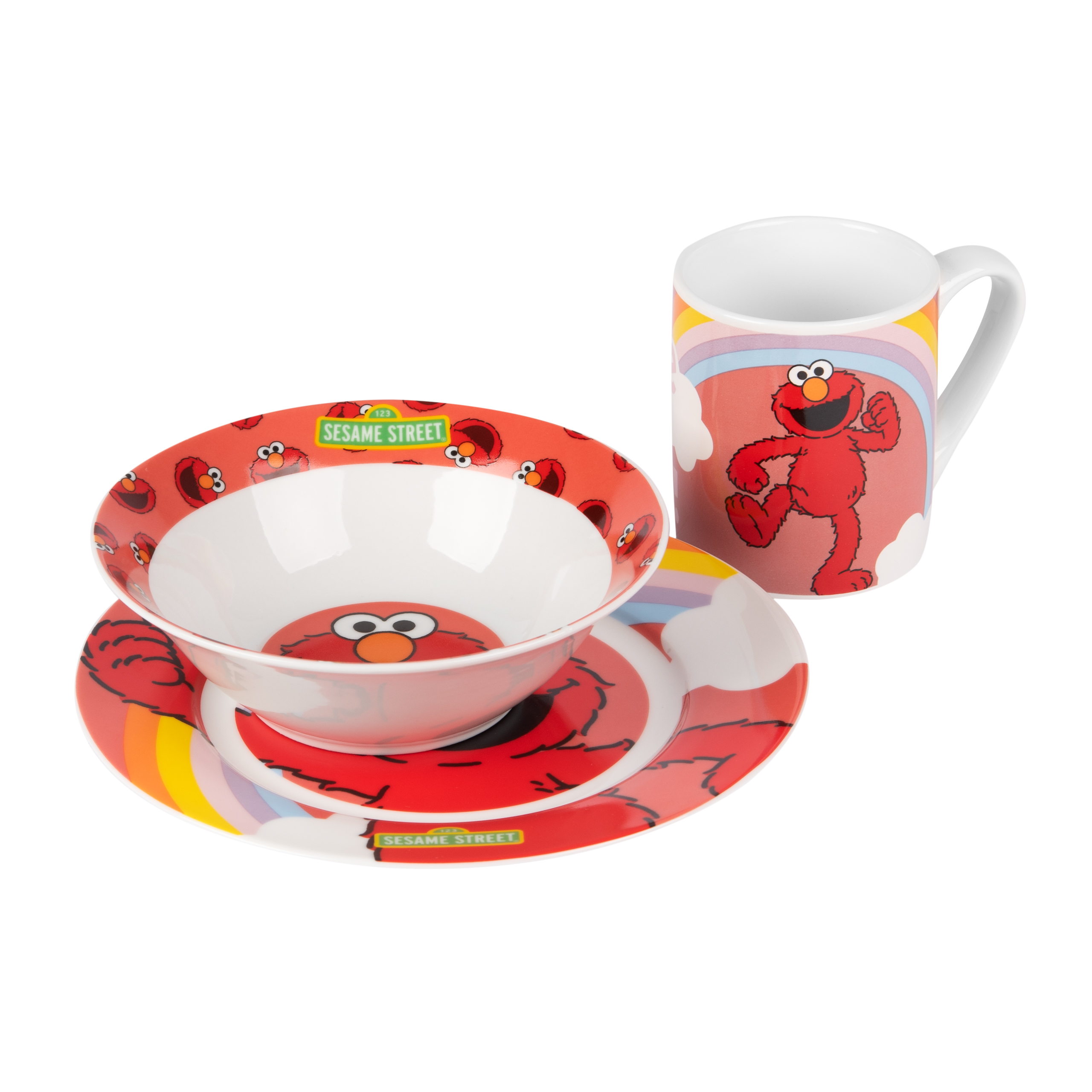 Elmo-Kindergeschirr-Set. Enthält Schüssel, Teller und Becher mit Elmo-Bild.