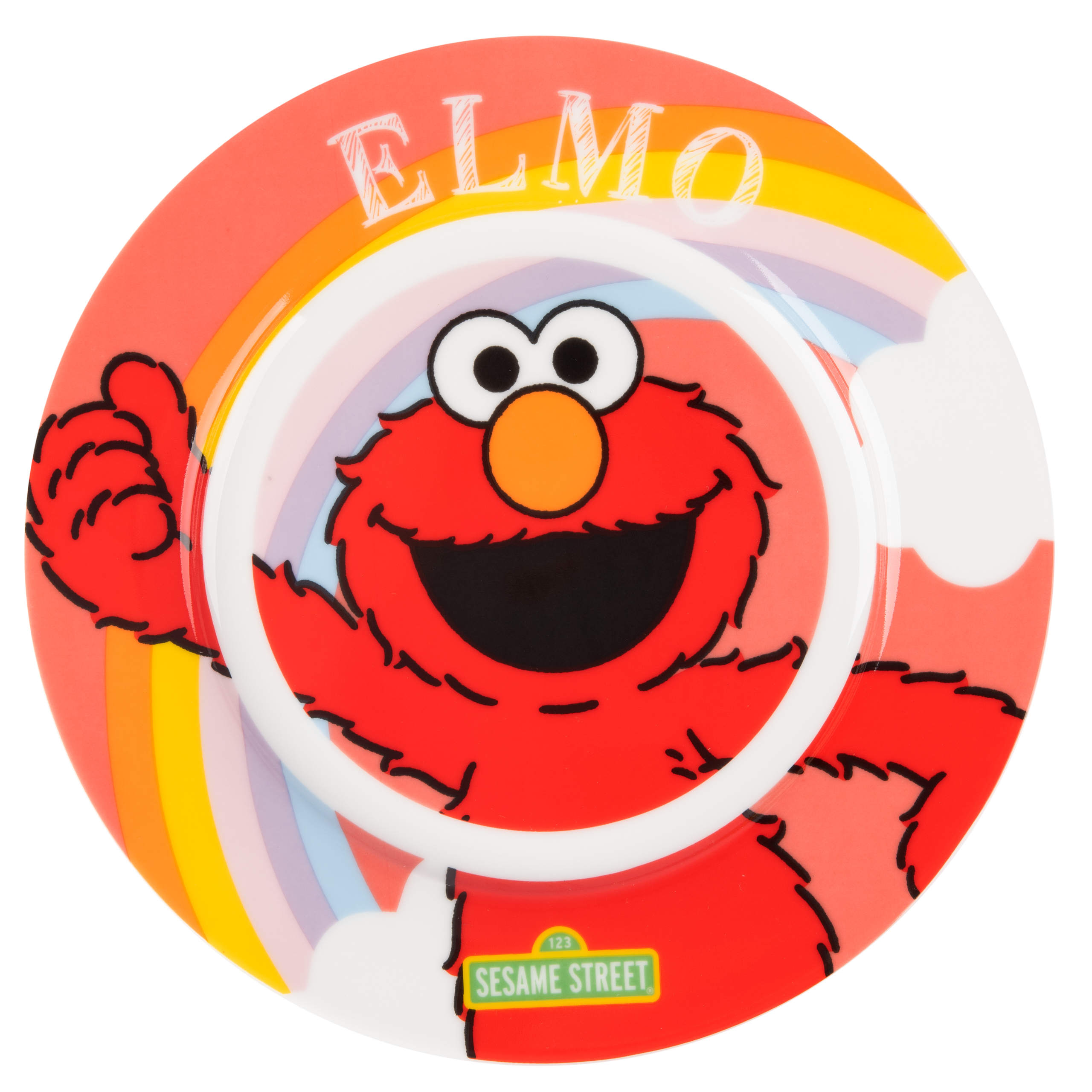 Roter Elmo-Teller. Elmo lächelt mit einem Regenbogen und den Worten ELMO über ihm.