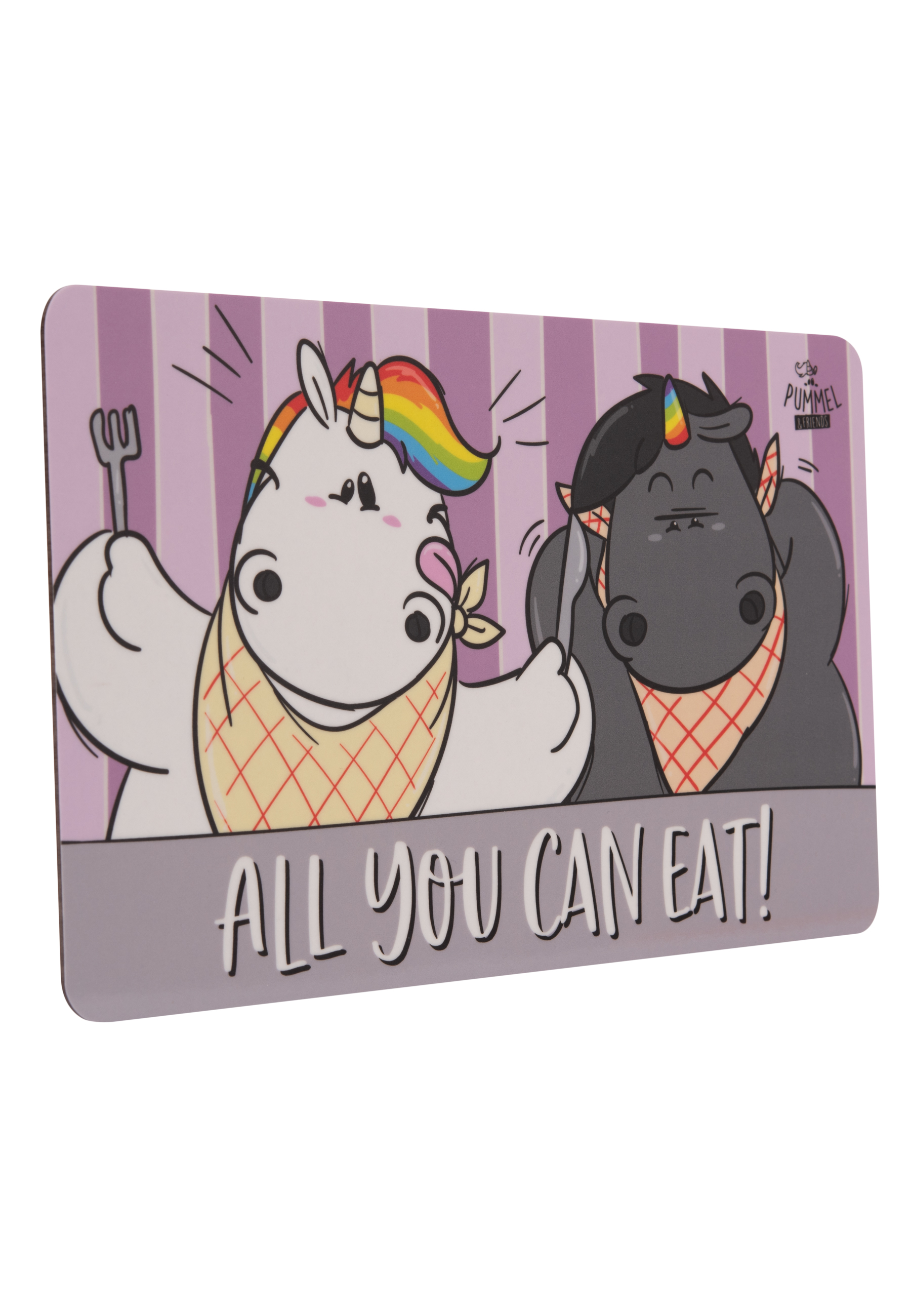 Zwei Cartoon-Einhörner mit Text: "ALL YOU CAN EAT!" Ein Einhorn hält eine Gabel, das andere ein Messer.