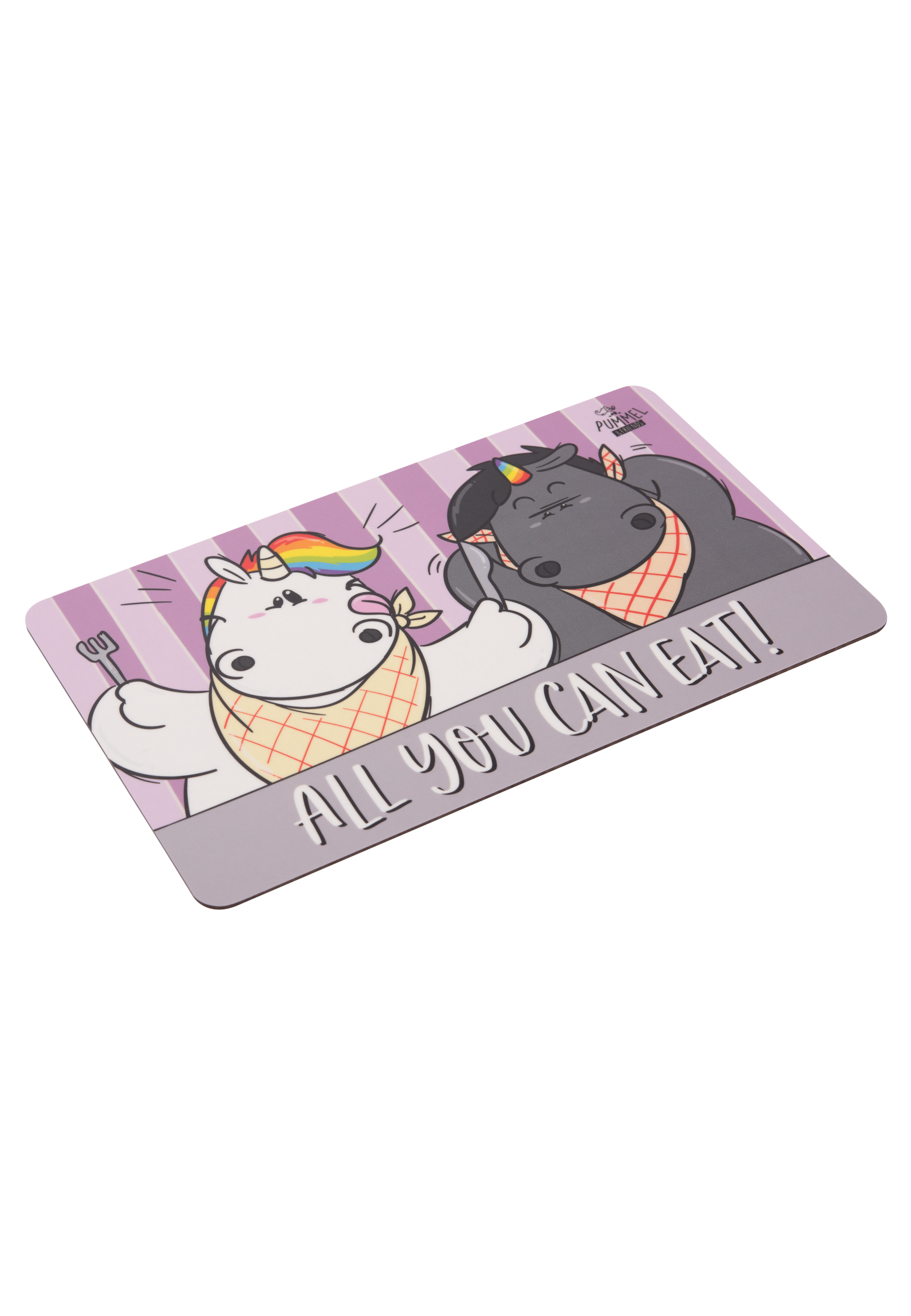 Eine Tischset mit zwei Cartoon-Einhörnern mit dem Text ALL YOU CAN EAT!