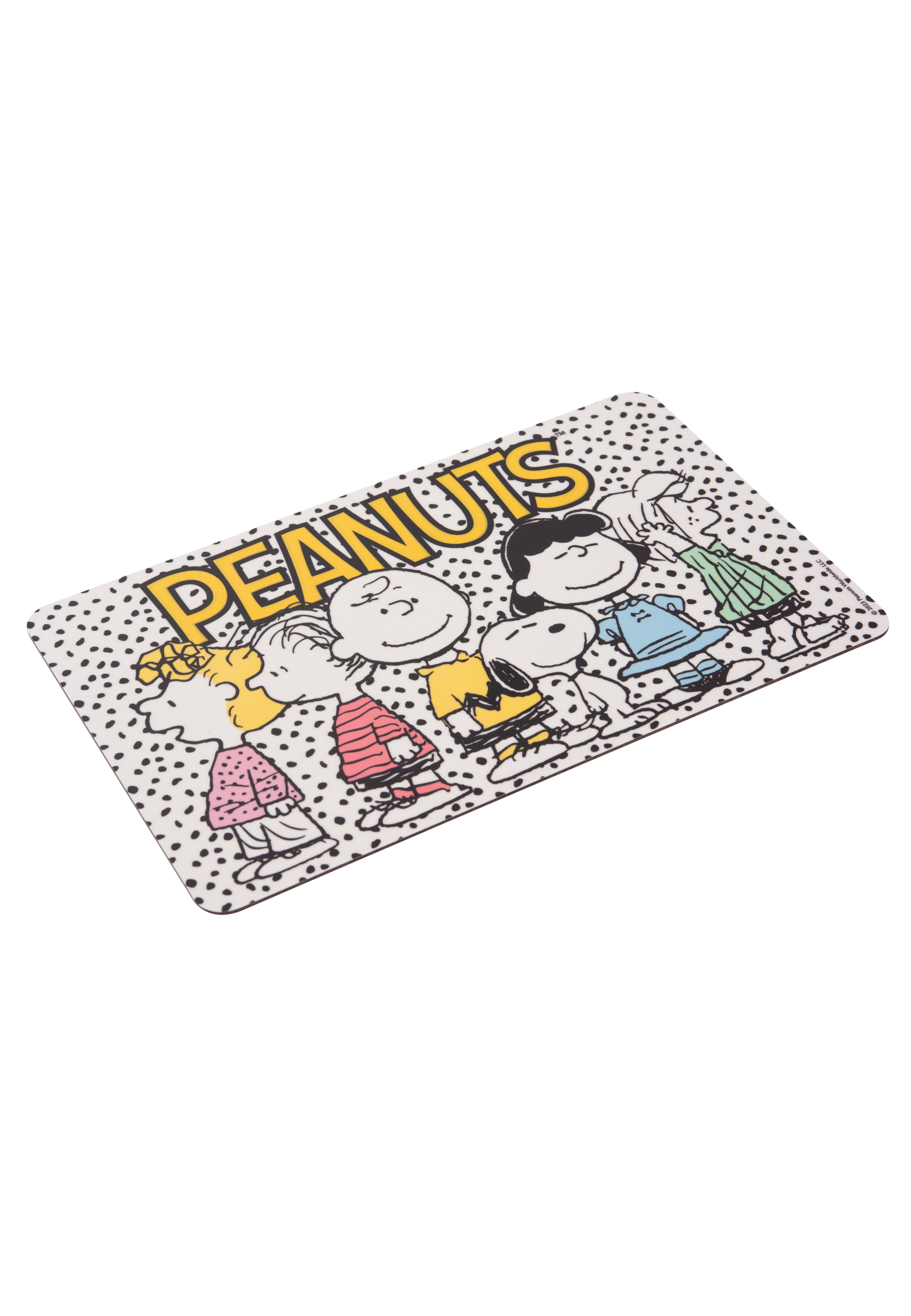 Eine Fußmatte mit Peanuts-Figuren. Sie zeigt Snoopy, Charlie Brown und andere Charaktere.