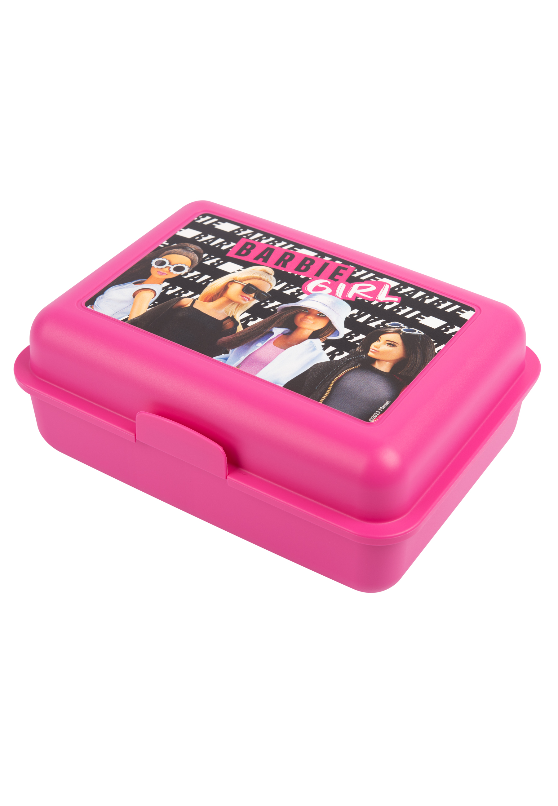 Pinkfarbene Barbie-Brotdose. Barbie Girl-Bild auf dem Deckel. Die Brotdose ist geschlossen.