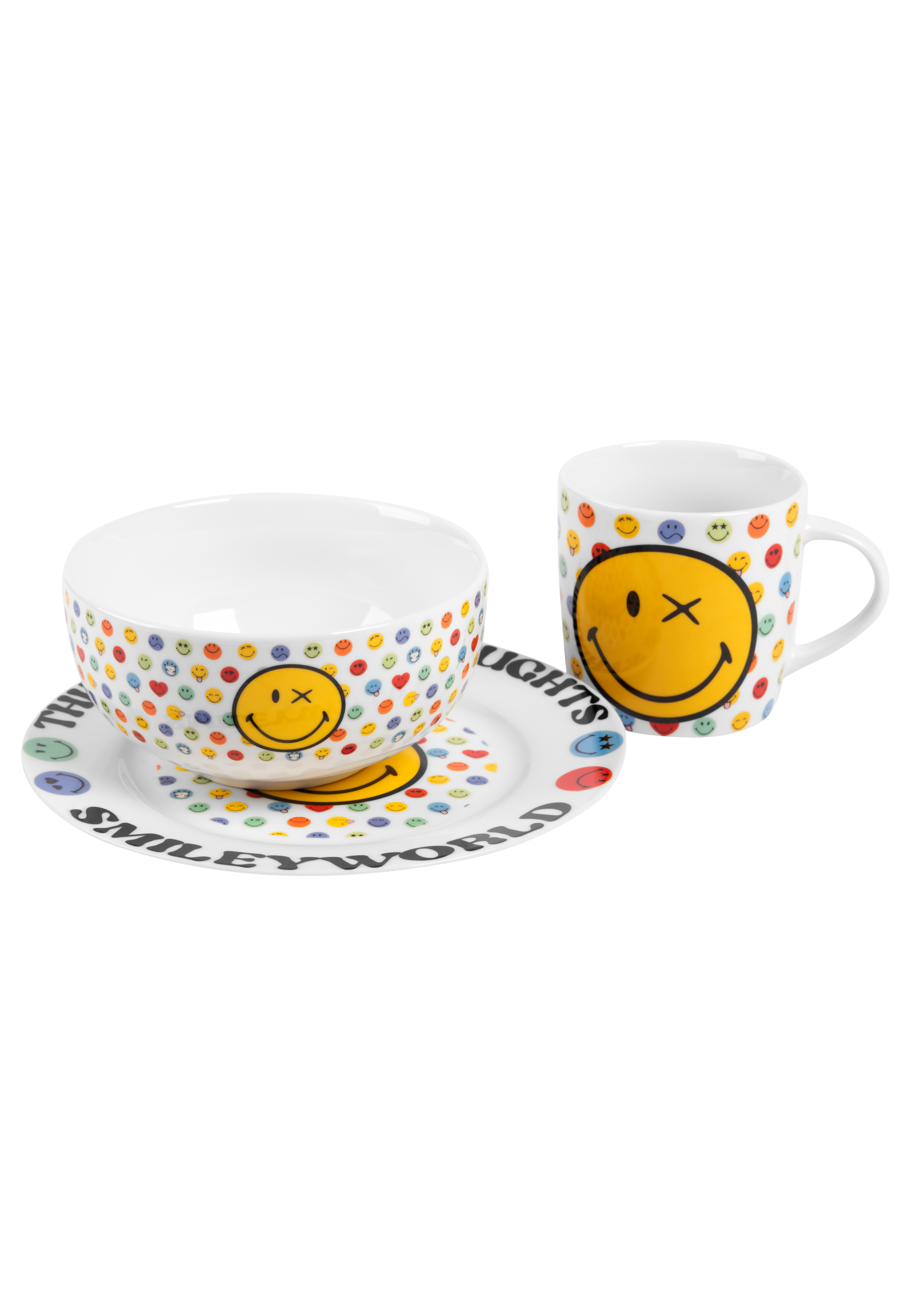 Ein weißes Keramikschalen-, Teller- und Becherset mit Smiley-Gesichtern.