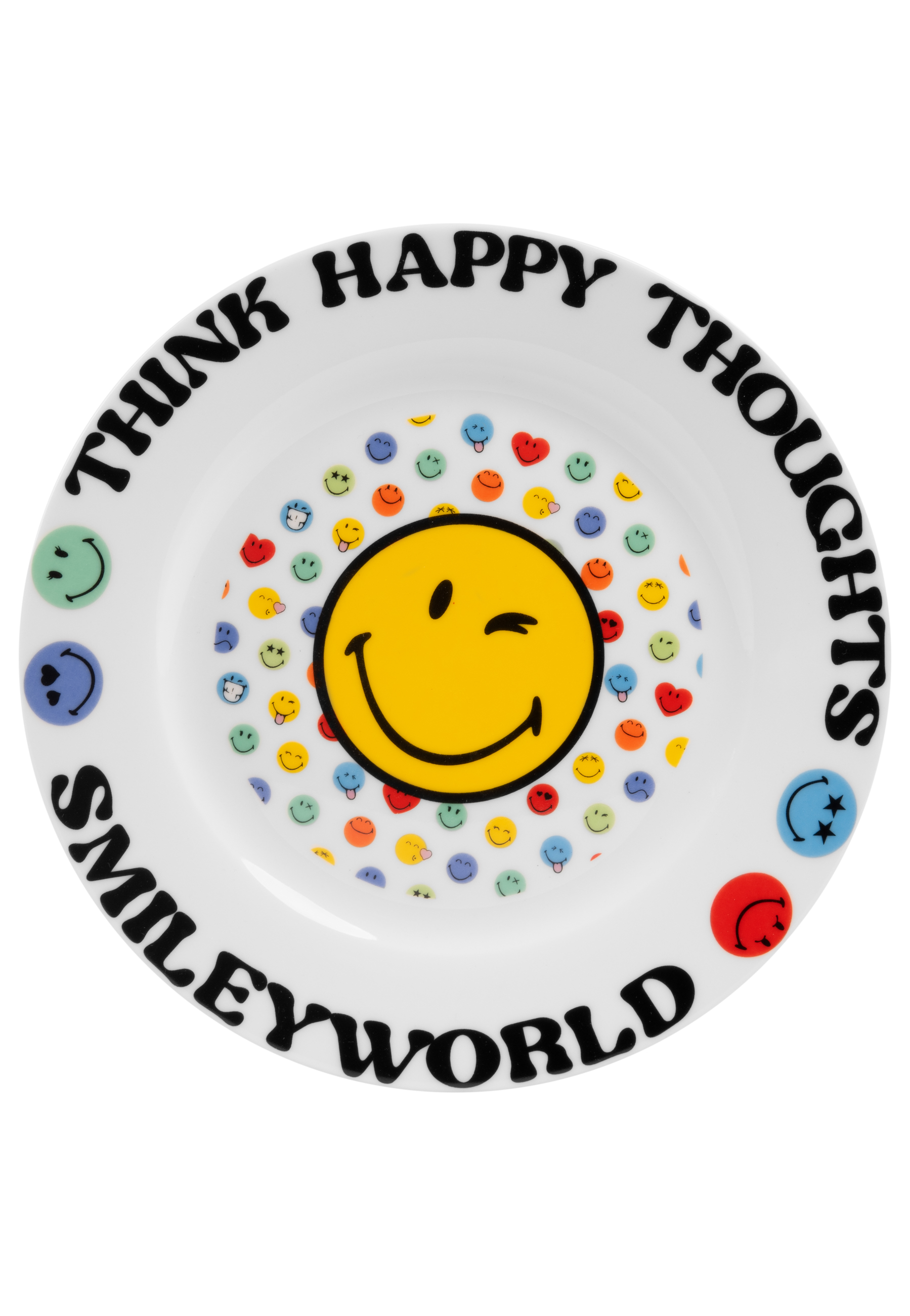 Weißer Teller mit Smiley-Gesicht in der Mitte, umgeben von kleineren Smileys und Text 'THINK HAPPY THOUGHTS'.