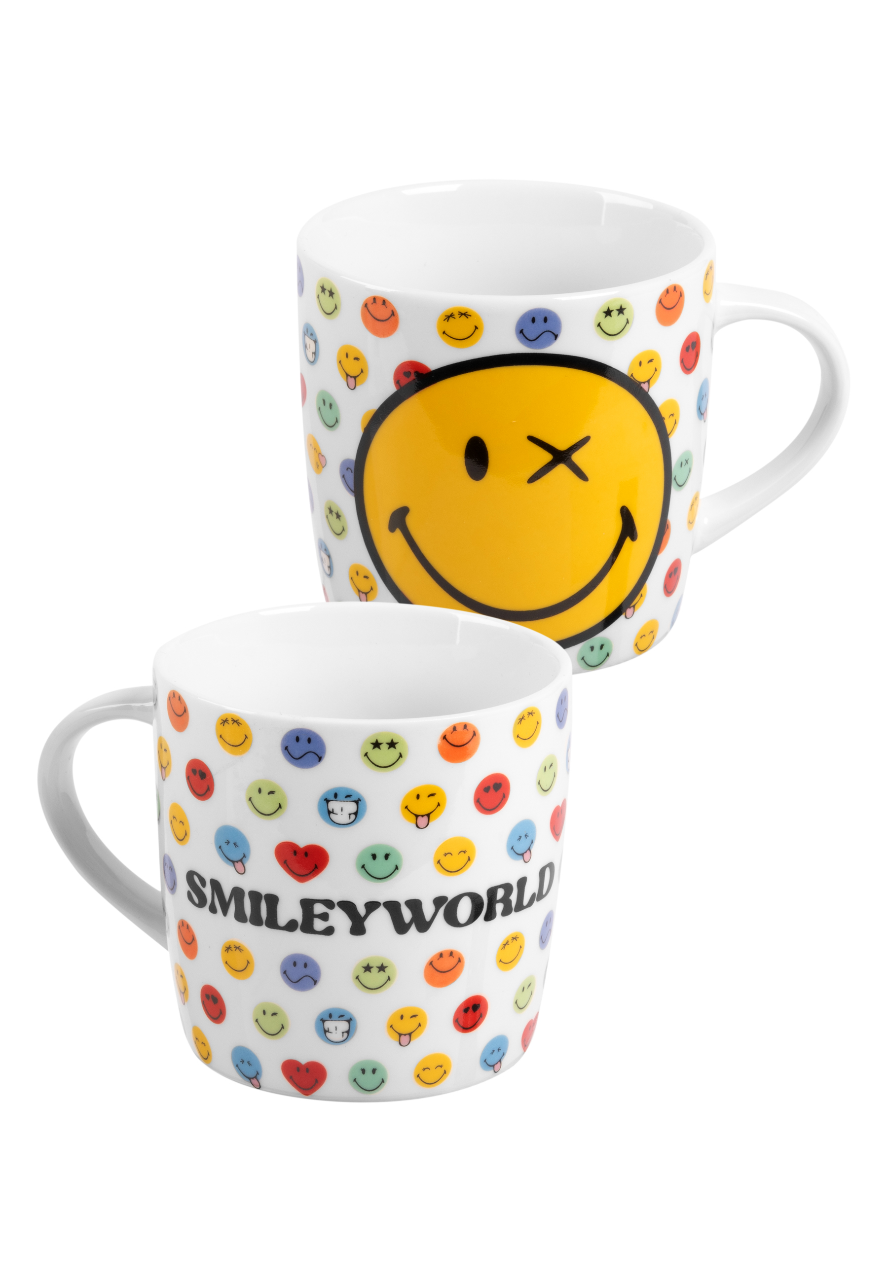 Zwei weiße Smiley-Tassen mit Smiley-Gesichtern und dem Wort SMILEYWORLD. Bunte Smiley-Gesichter darauf.
