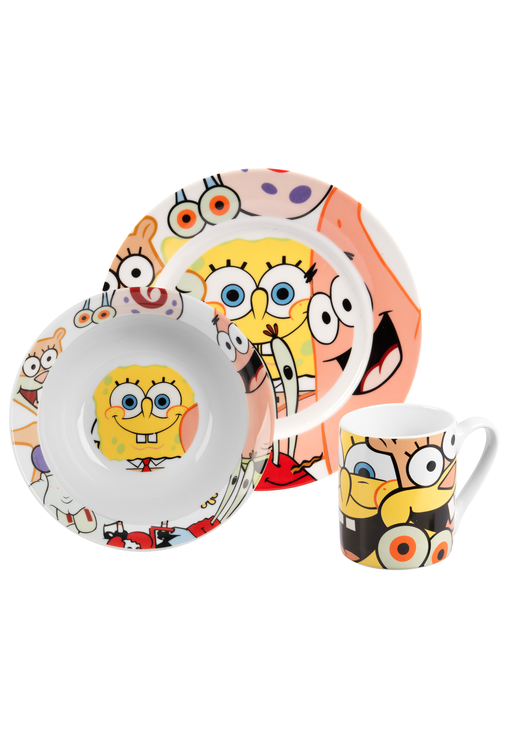 Ein Set von SpongeBob Schwammkopf-Geschirr: ein Teller, eine Schüssel und ein Becher, alle mit Charakterdesigns.