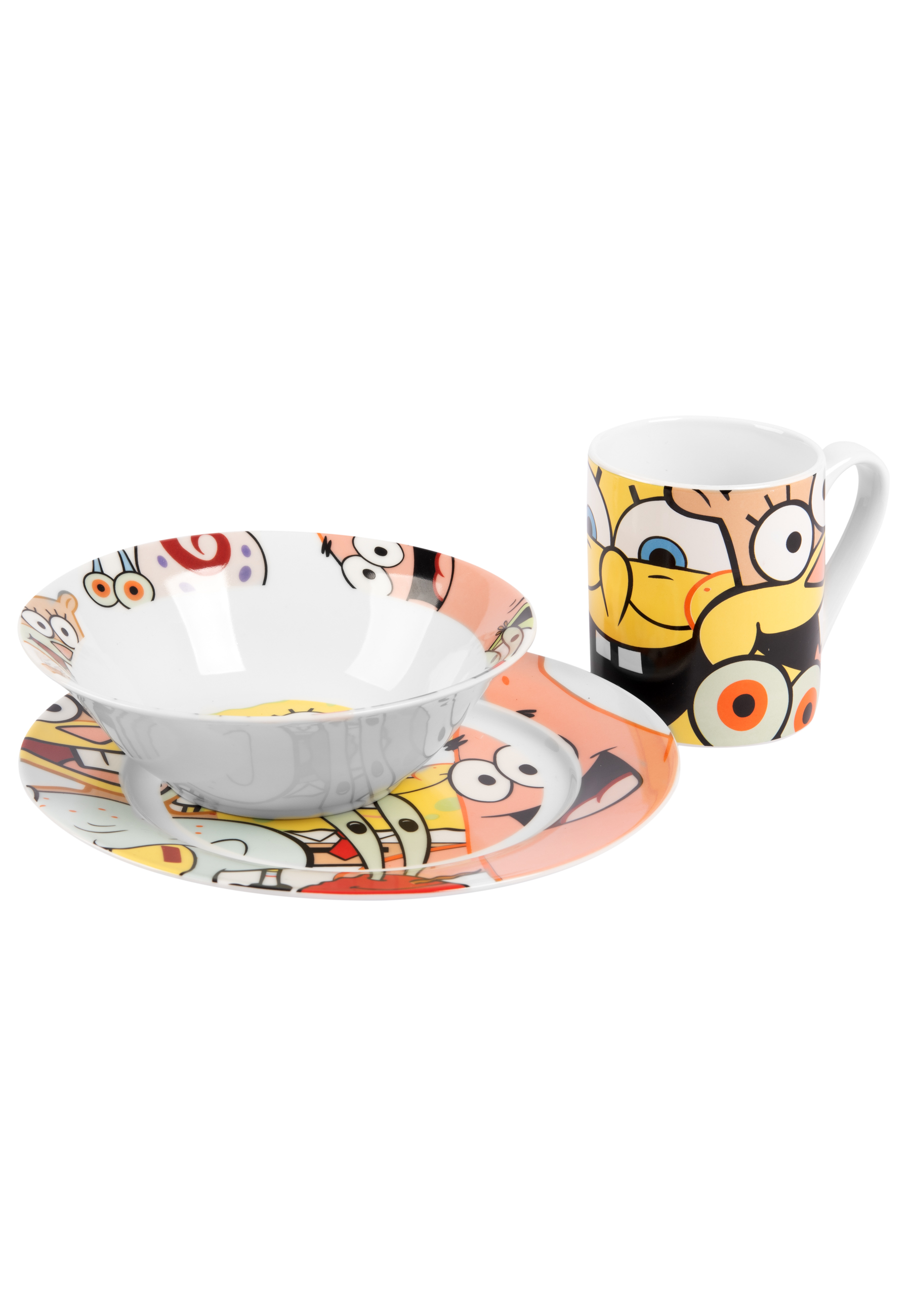 SpongeBob Schwammkopf Geschirrset: Schüssel, Teller und Becher.