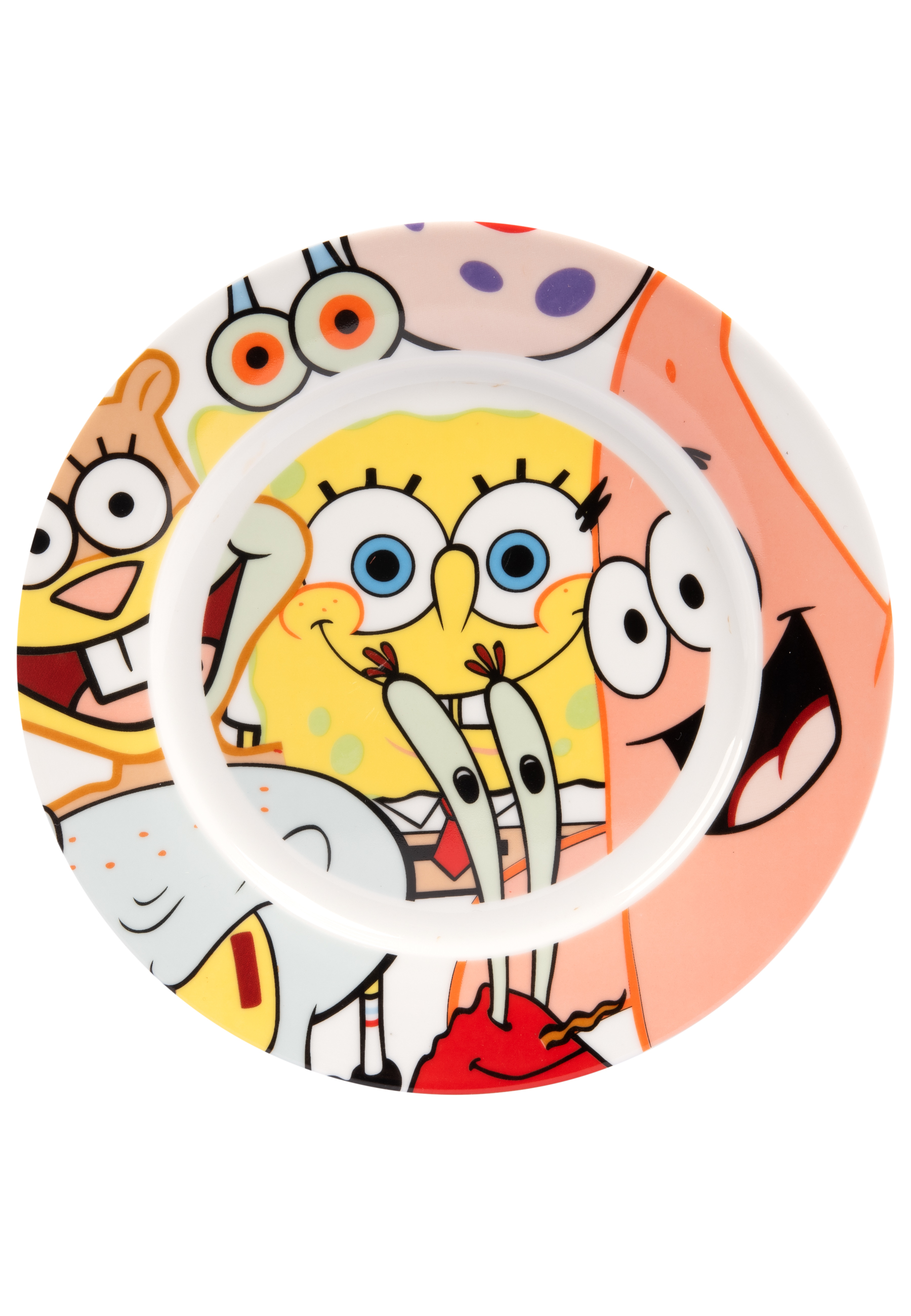 Ein Teller mit Spongebob Schwammkopf und anderen Zeichentrickfiguren. Der Hintergrund ist weiß.