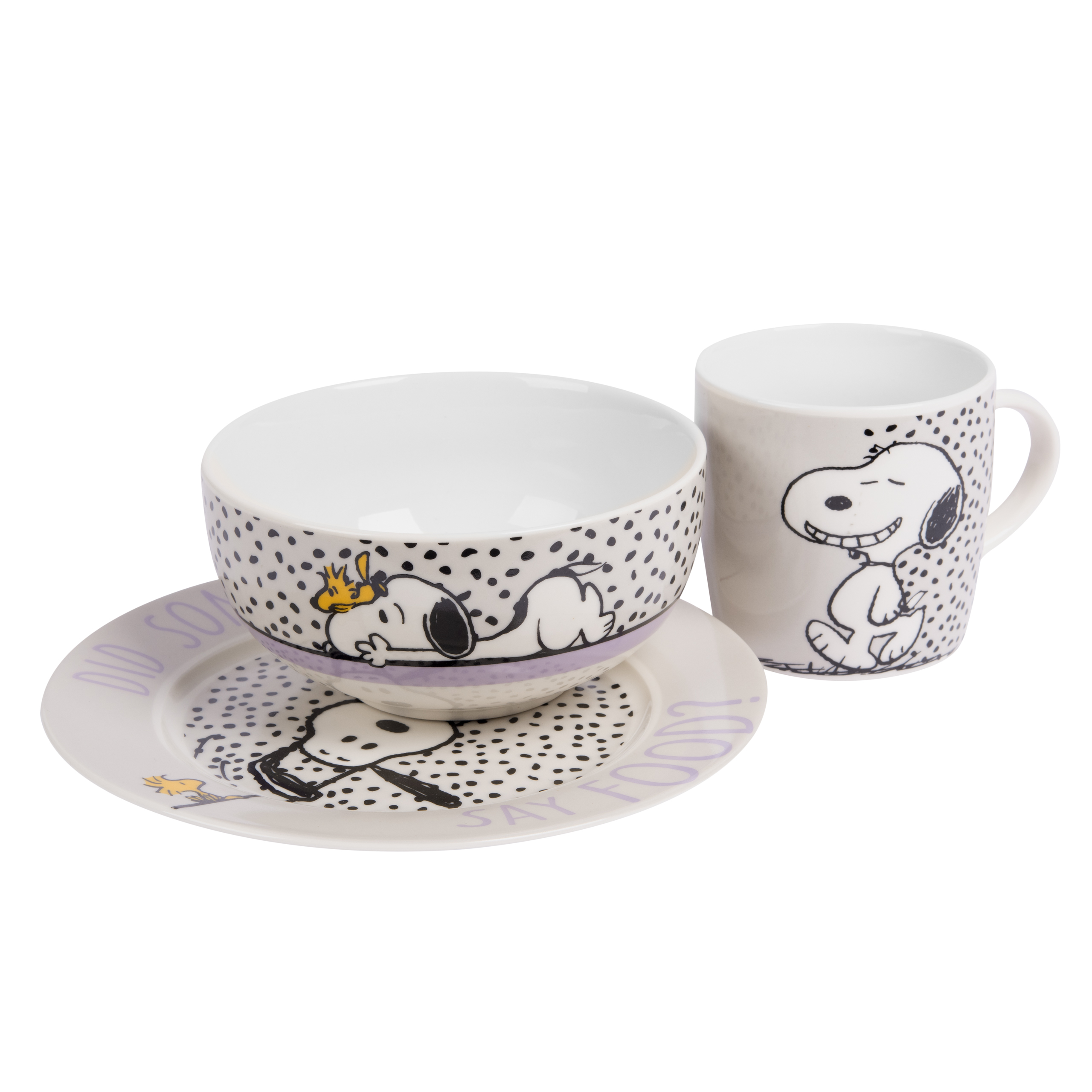 Ein Snoopy-Frühstücks-Set mit Teller, Schüssel und Tasse auf weißer Fläche.